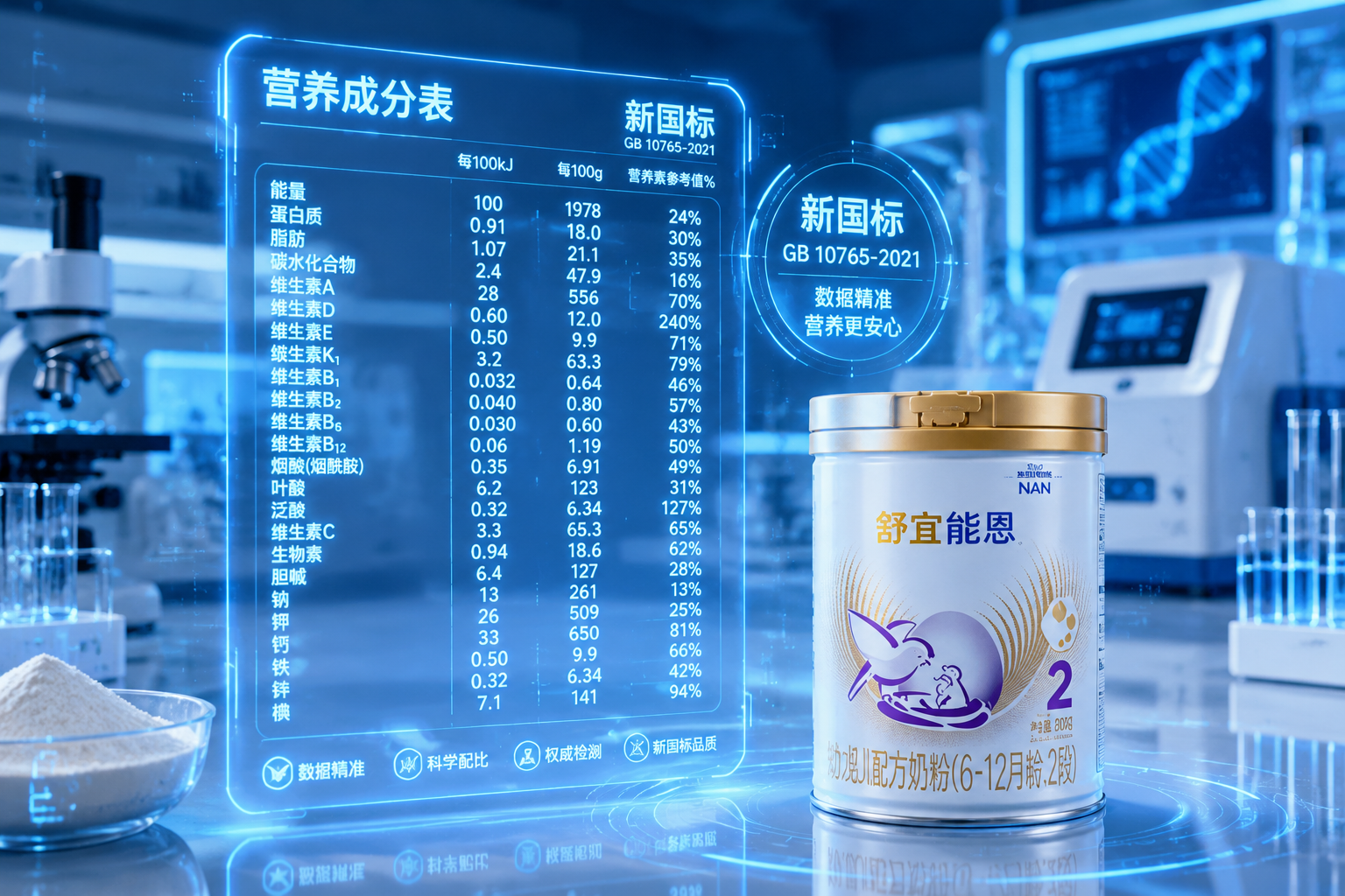 营养学实验室风格，一张发光的虚拟全息营养成分表漂浮在空中，背景是高科技的检测仪器和纯净的奶粉倒影。突出“新国标”的数据精准感，画面充满科技感与严谨的科学态度，蓝白色调。