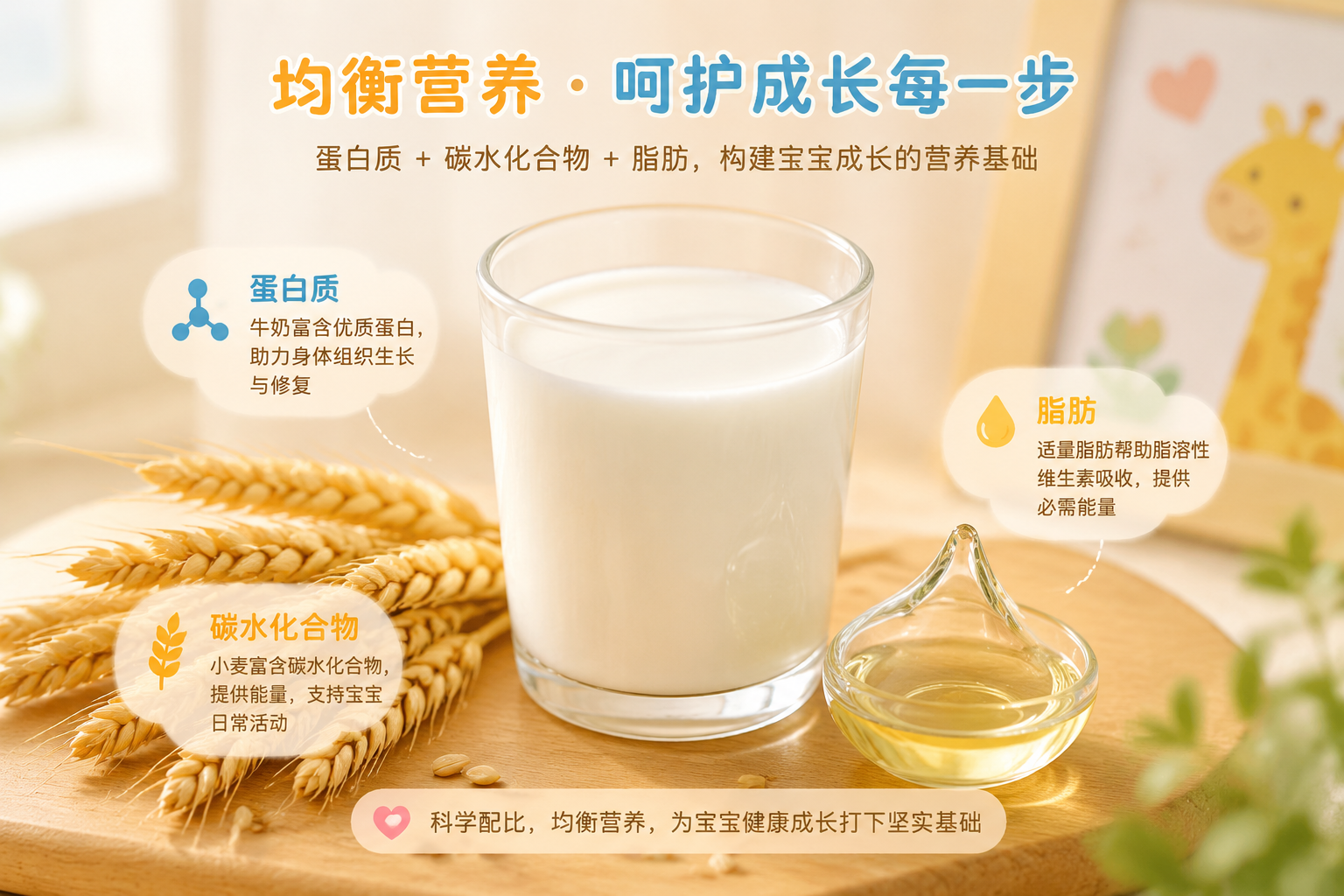 象征基础营养的温馨画面，一杯纯白浓郁的牛奶，旁边放着几束金黄色的麦穗和一小滴清澈的植物油，代表蛋白质、碳水化合物和脂肪的均衡摄入，色调温暖明亮，适合母婴科普。