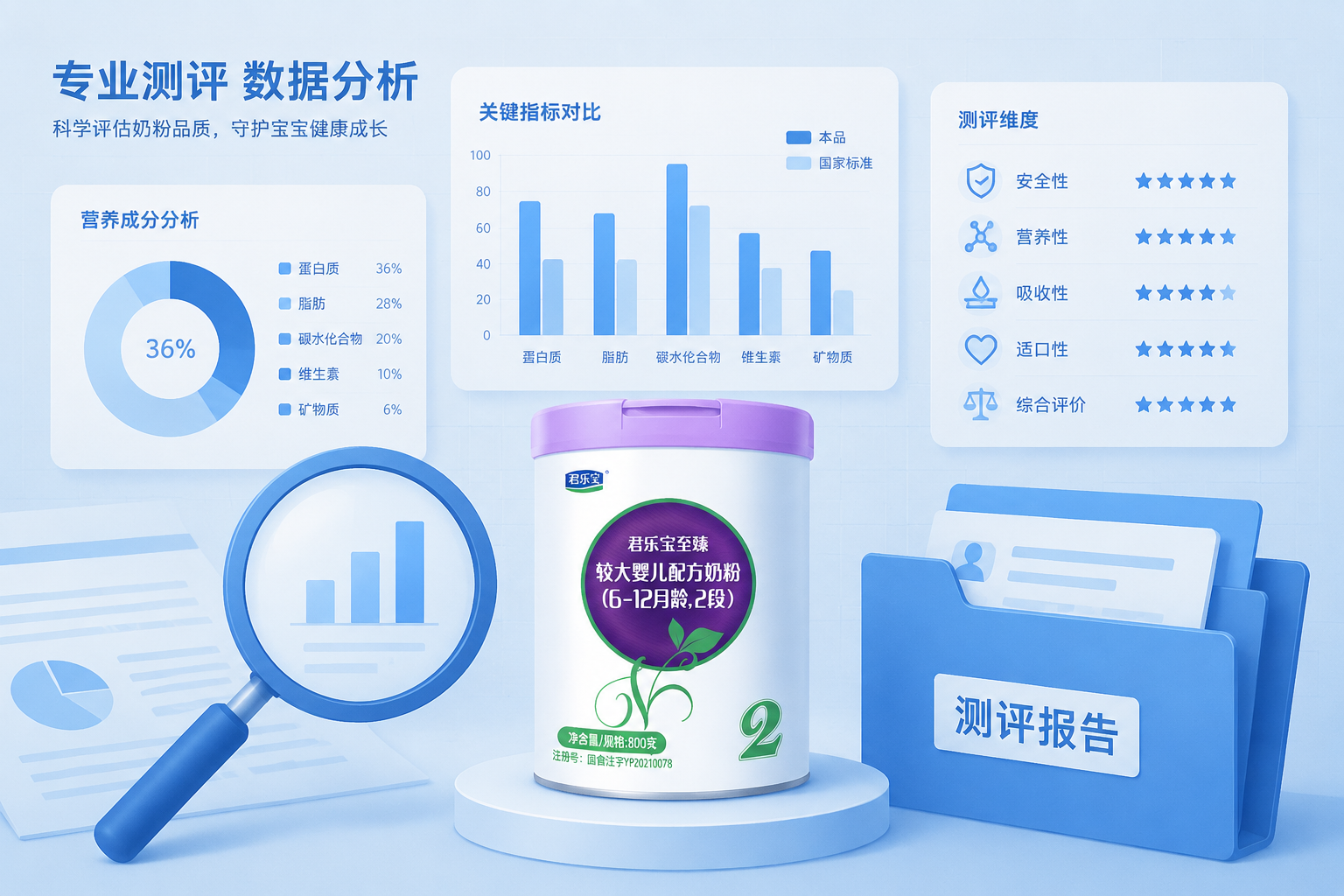 信息图表风格的背景图，包含放大镜、档案袋和奶粉罐的元素，体现出专业测评和数据分析的严谨感，蓝白色调，扁平化设计。
