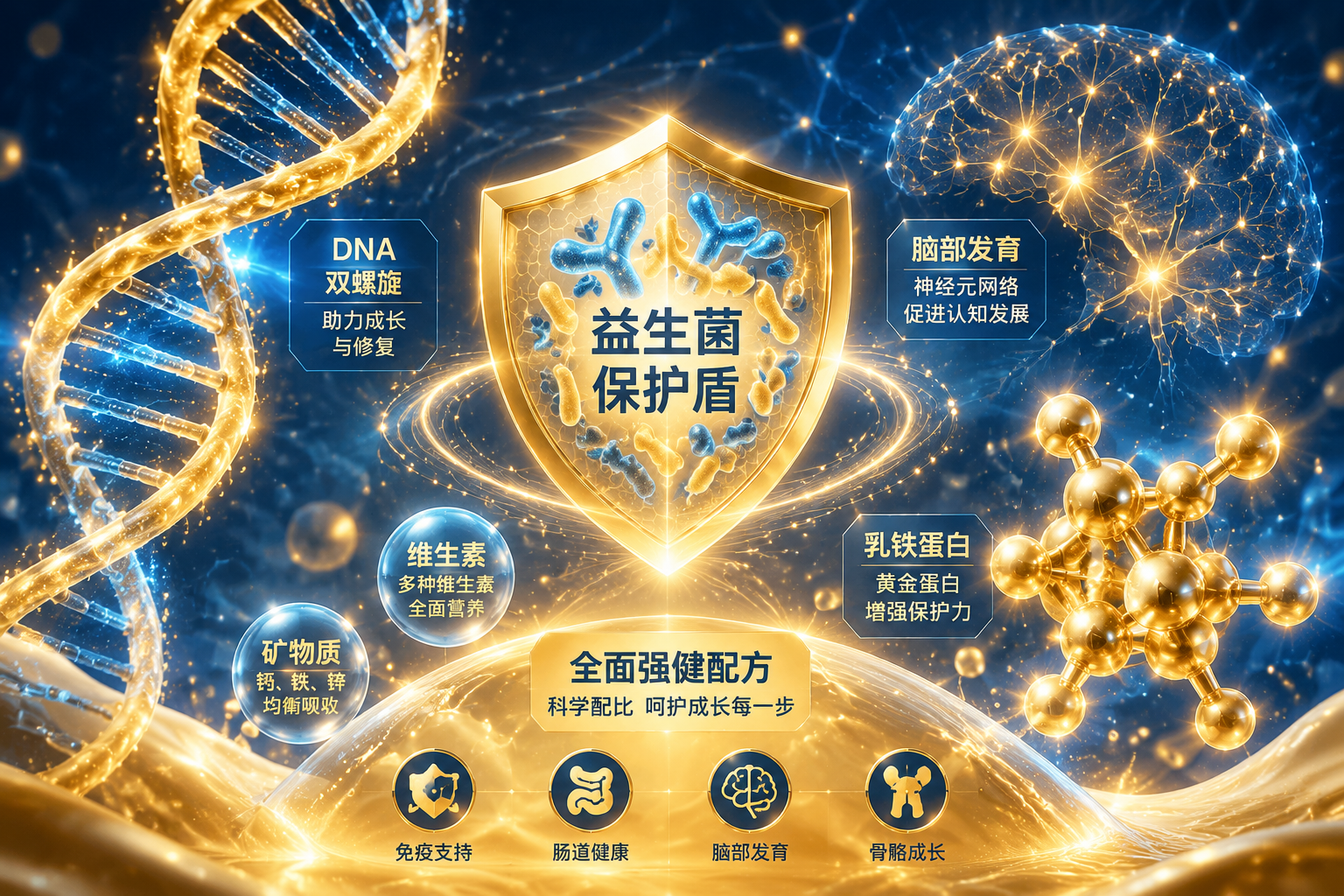 微觀視角下充滿科技感的營養(yǎng)元素插畫，包含發(fā)光的DNA雙螺旋、大腦神經(jīng)元網(wǎng)絡(luò)、益生菌盾牌以及閃耀的乳鐵蛋白分子，色彩以溫暖的金色和科技藍色為主，寓意全面強健的營養(yǎng)配方。