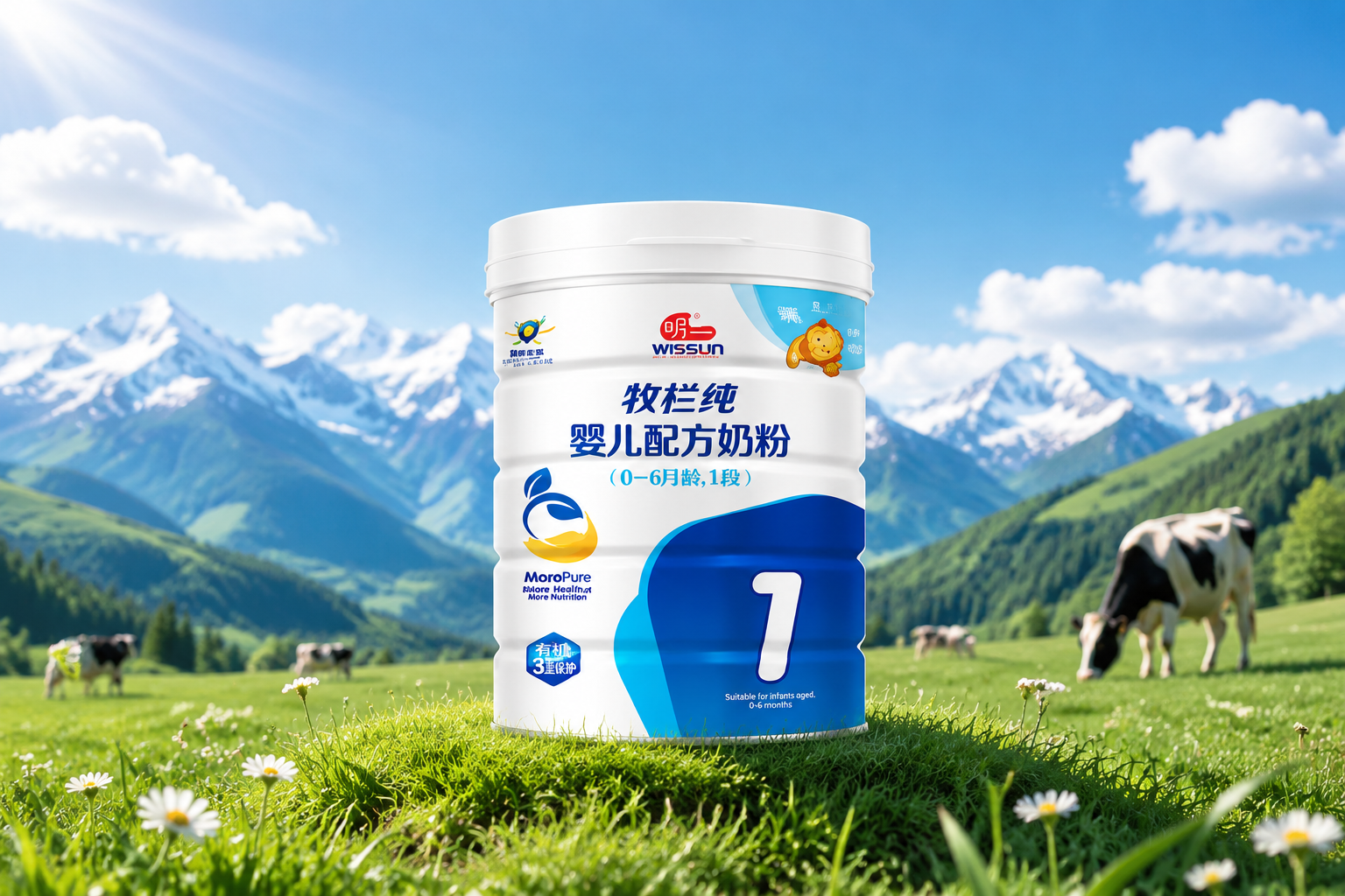 一罐明一牧栏纯有机奶粉1段放置在充满阳光的阿尔卑斯高山有机牧场草地上，周围有新鲜的绿草和几朵白色小野花，背景是蓝天白云和远处的雪山，画面明亮、清新、专业产品摄影风格。