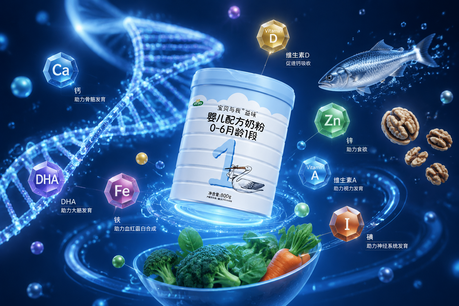 充满科技感的营养成分展示图，画面中有发光的DNA双螺旋结构、代表矿物质和维生素的彩色晶体，以及深海鱼、核桃、新鲜蔬菜等食材的微缩模型，悬浮在半空中，背景为深蓝色，3D医疗级插画。