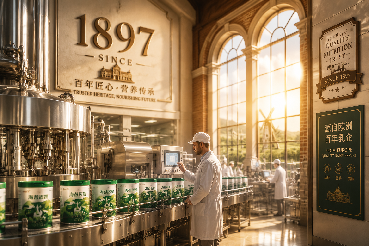 一座充滿歷史底蘊(yùn)又具備現(xiàn)代科技感的歐洲乳制品工廠，陽光透過玻璃窗灑在先進(jìn)的生產(chǎn)線上，旁邊有“1897”的年份標(biāo)志，整體色調(diào)溫暖、專業(yè)、值得信賴，體現(xiàn)百年乳企的匠心傳承。