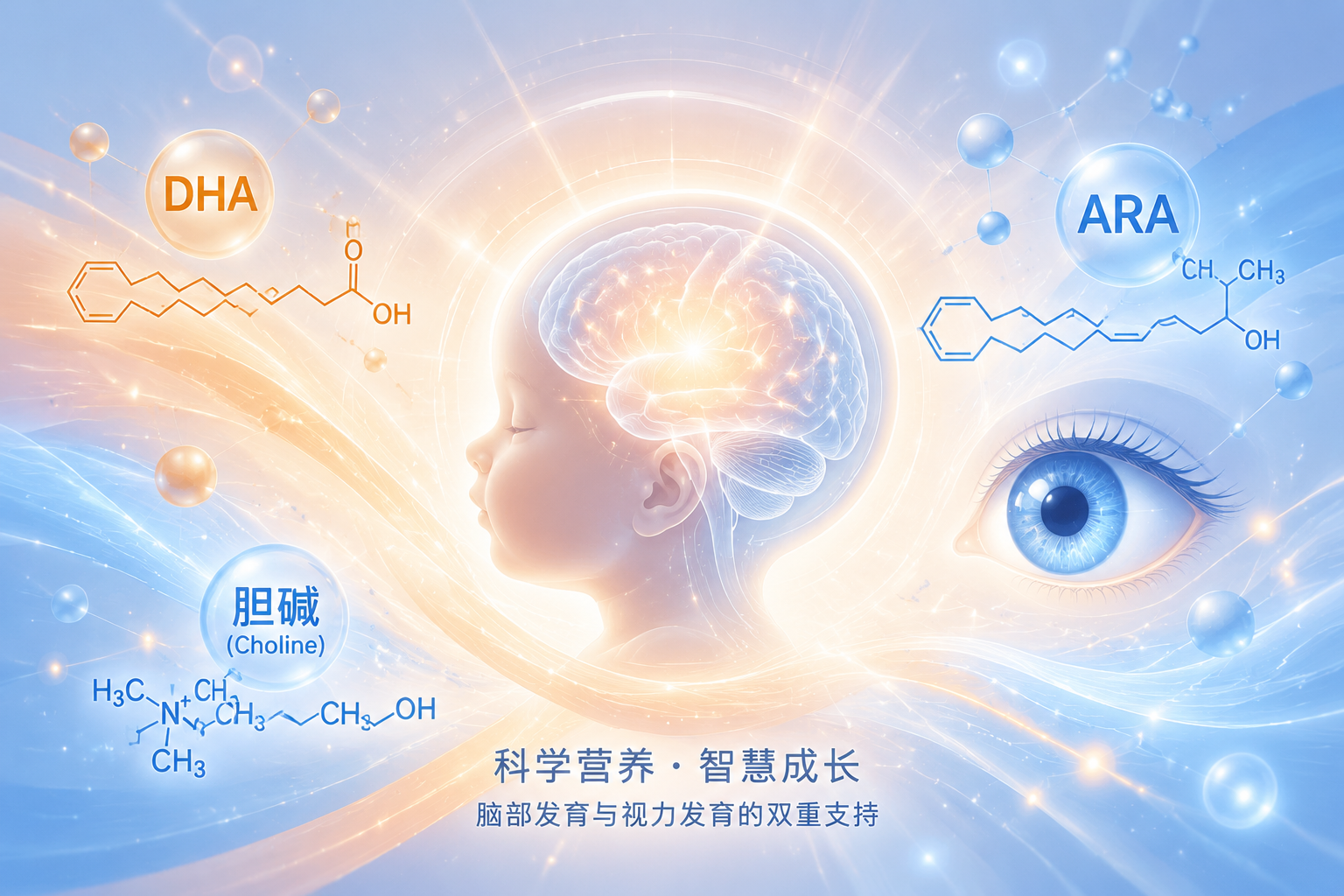 抽象的脑部与眼部发育概念插画，以柔和的婴儿蓝和温暖的橘色为主色调，画面中带有象征DHA、ARA和胆碱的分子结构图，光线汇聚在中心，象征着智慧和敏锐视力的开启。