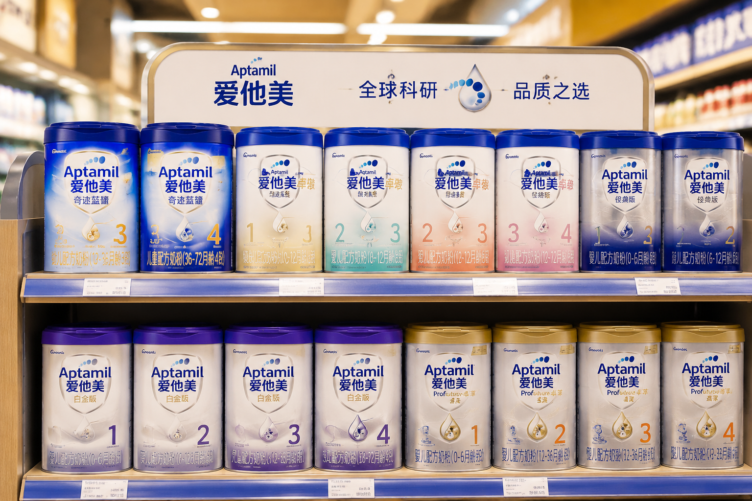爱他美不同系列和段数的奶粉罐整齐排列在超市的高级货架上，包括奇迹蓝罐、经典版等，背景虚化，突出品牌家族的丰富产品线，商业摄影。