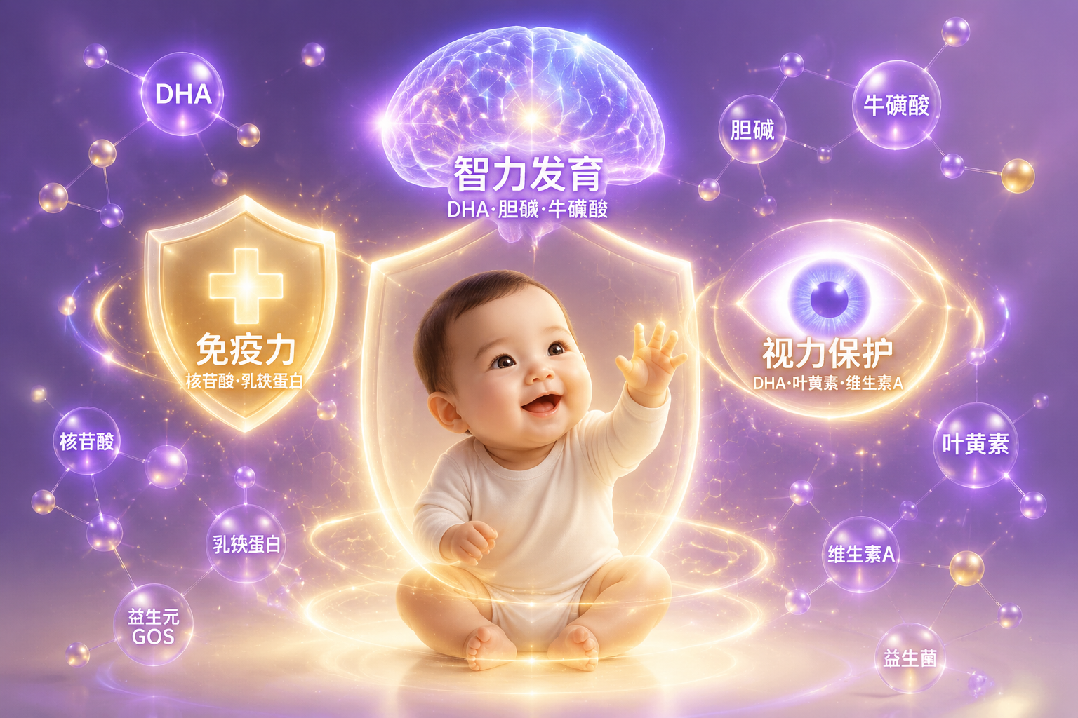 概念化插畫，一個(gè)可愛的嬰兒周圍環(huán)繞著發(fā)光的盾牌（代表免疫力）、發(fā)光的大腦（代表智力發(fā)育）和明亮的眼睛（代表視力保護(hù)），各種營養(yǎng)元素如DHA、核苷酸等以發(fā)光的分子結(jié)構(gòu)形式漂浮在周圍，充滿溫馨與科技融合的氛圍。
