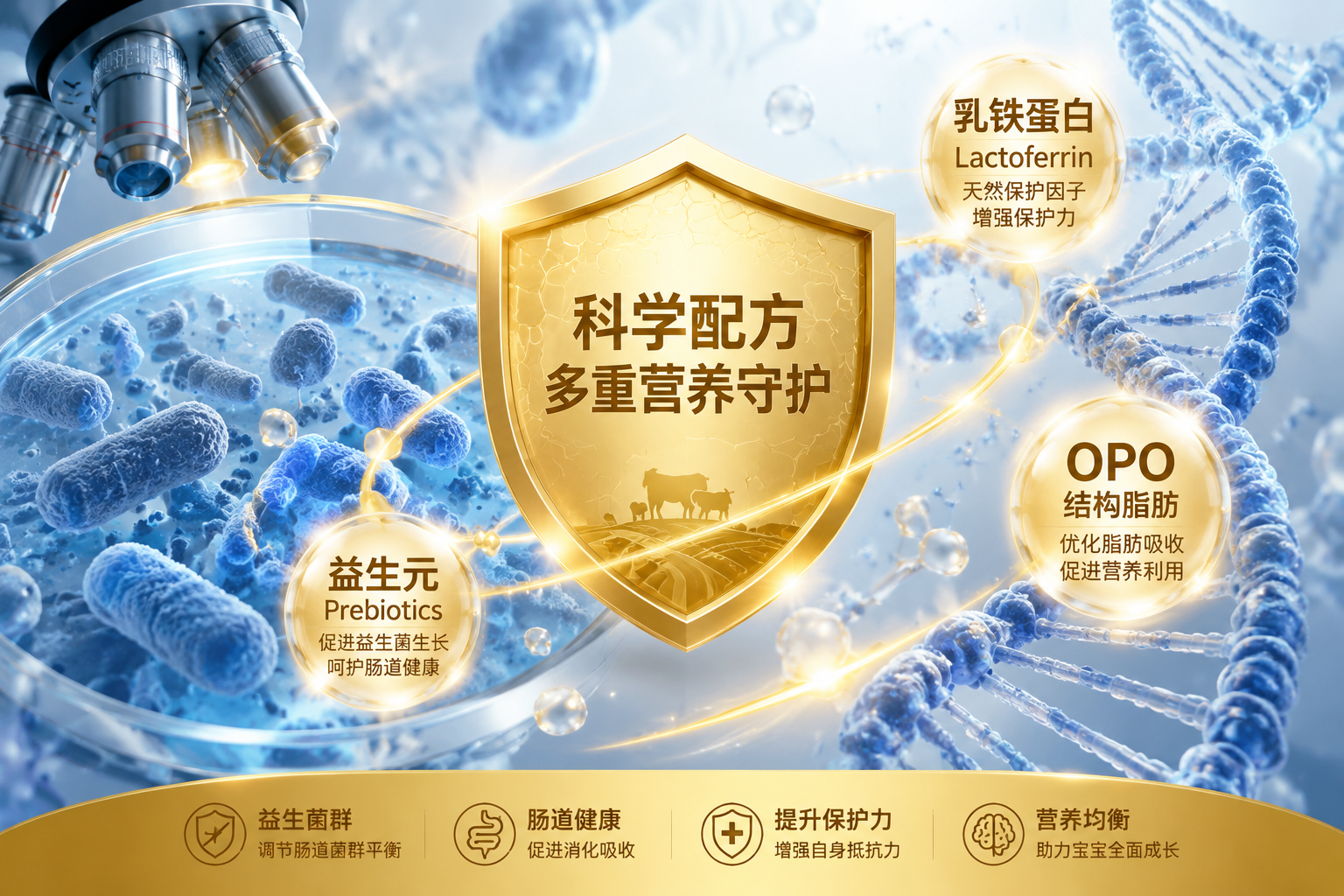 顯微鏡下的益生菌群、雙螺旋DNA結(jié)構(gòu)與金色的盾牌，視覺上強(qiáng)調(diào)配方中的特色強(qiáng)化營養(yǎng)（如乳鐵蛋白、OPO、益生元）。