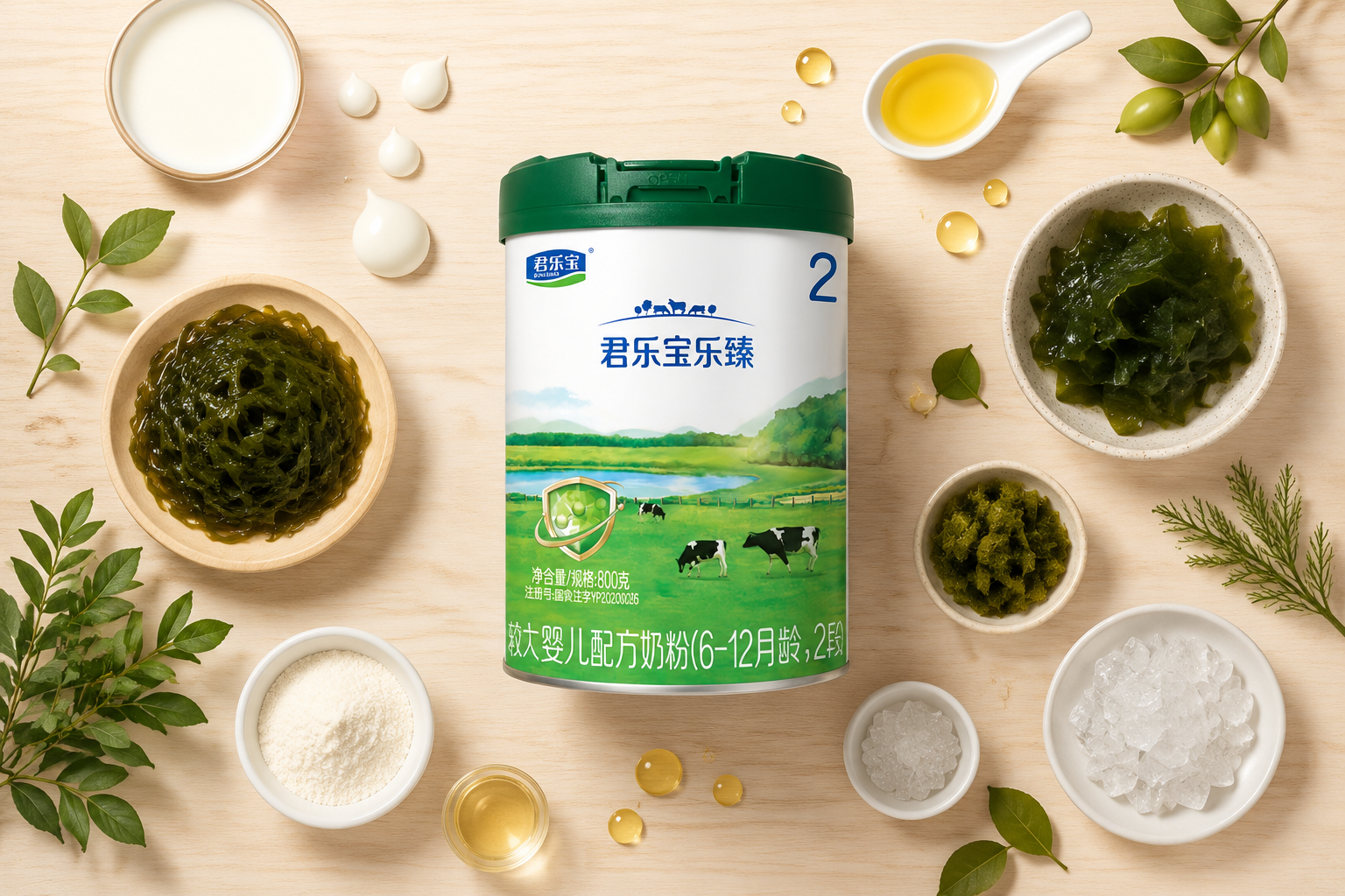 俯拍視角的食材排版，中間是君樂(lè)寶樂(lè)臻奶粉罐，四周整齊且藝術(shù)化地?cái)[放著生牛乳滴、植物油滴、深海藻類(lèi)、微量元素晶體等新鮮純凈的配料原料，淺色木質(zhì)背景，光線(xiàn)明亮清晰，原生態(tài)健康感。