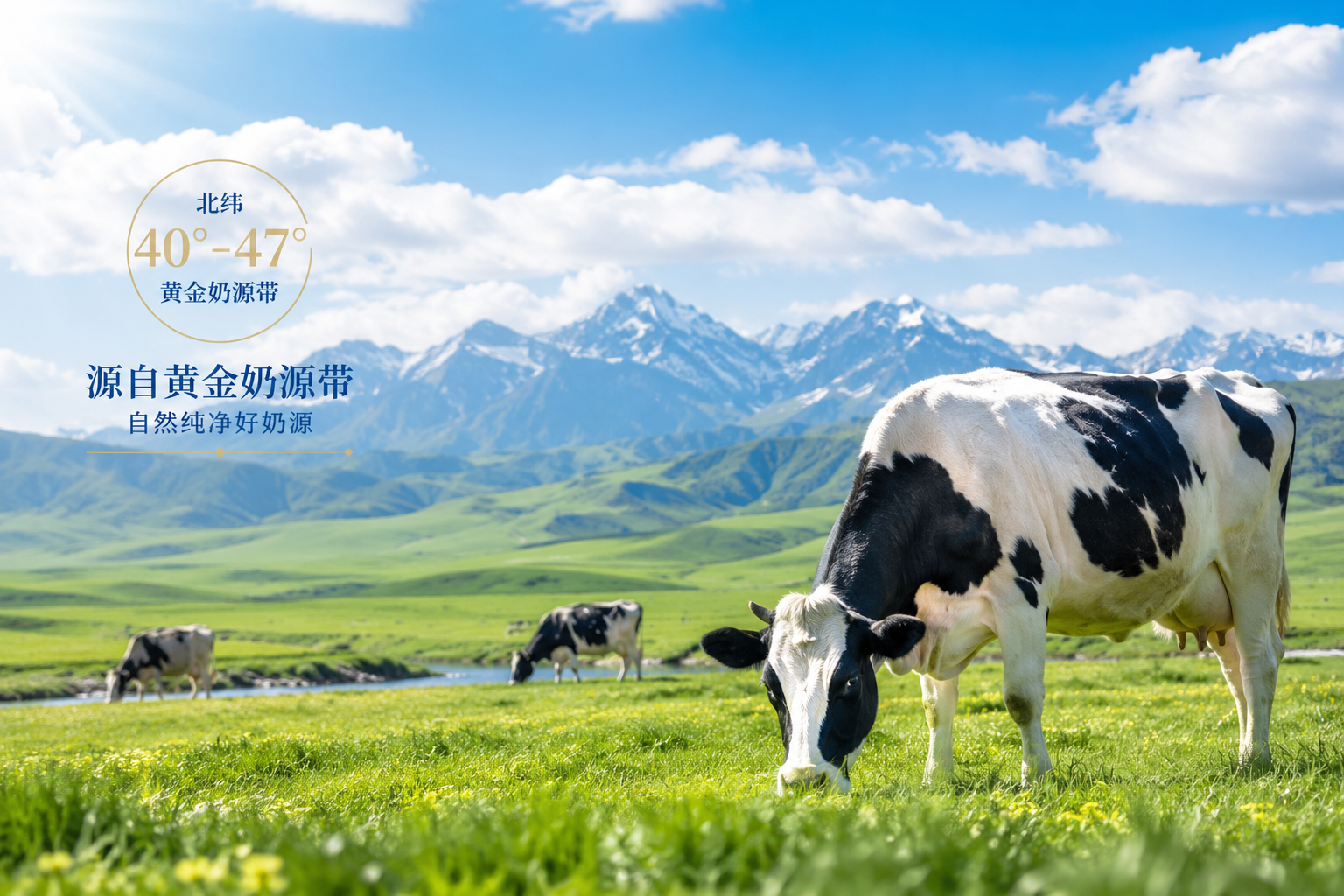 阳光明媚的绿色高山牧场，健康的黑白花奶牛在吃着鲜嫩的牧草，背景是蓝天白云和连绵的山脉，体现北纬40°-47°黄金奶源带的纯净与自然，清新色调，广告级摄影。