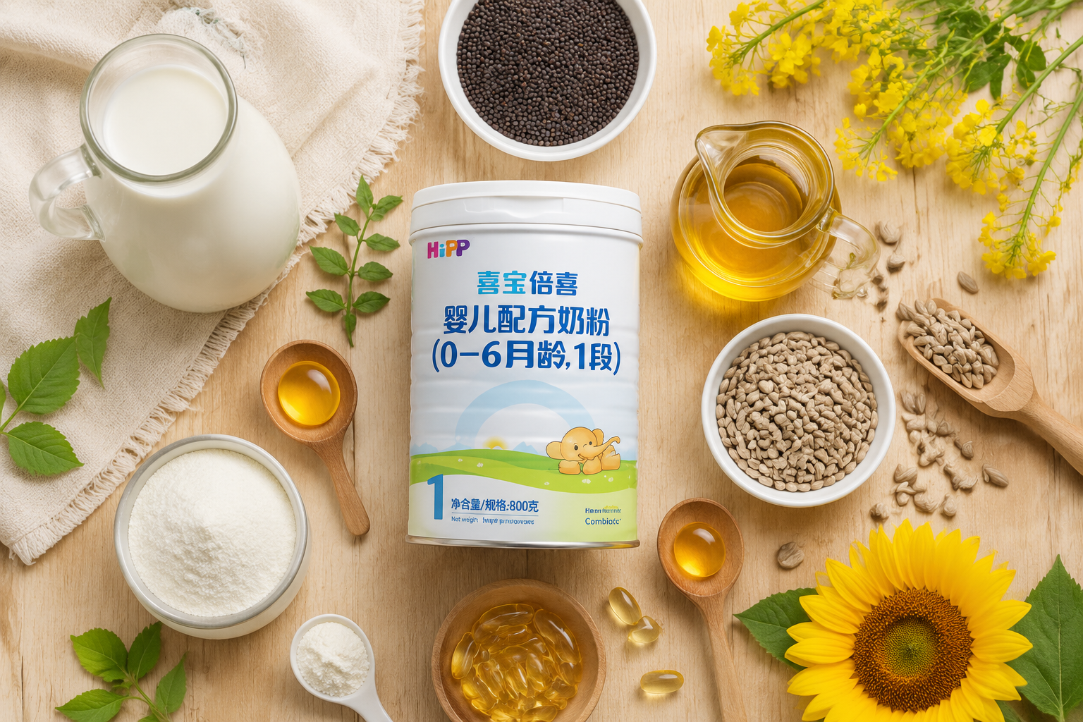 俯视视角，木质桌面上摆放着新鲜的牛奶、植物油（葵花籽、菜籽）、维生素胶囊等配料的艺术摆盘，代表奶粉的纯净配料，色彩清新自然。