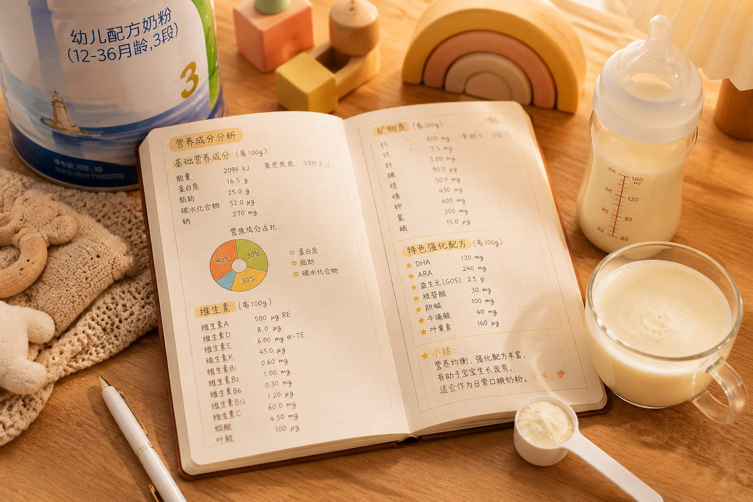 专业测评风格，一张精美的母婴手帐桌面，上面放着写满营养成分数据的笔记本，旁边有一杯冲泡好的奶粉、奶瓶和量勺，温馨的暖色调，高质量生活方式摄影。