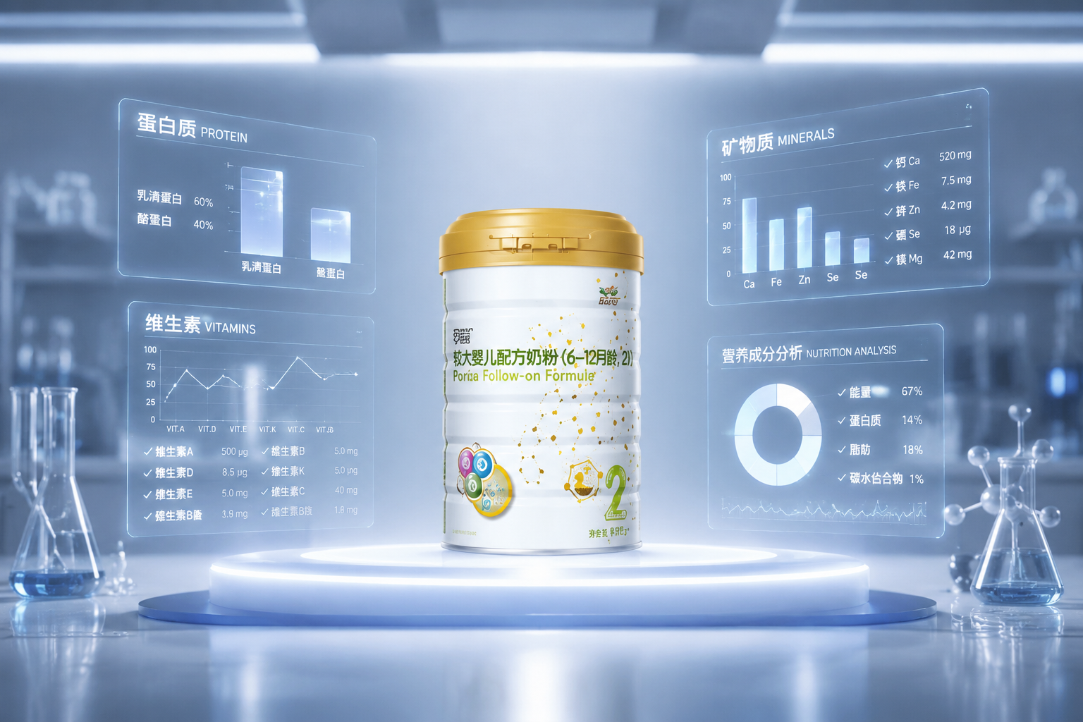 極簡實驗室風格，一張寬大的發(fā)光實驗桌上放置著紐瑞滋奶粉，周圍有全息投影的數(shù)據(jù)圖表（柱狀圖、折線圖）展示著蛋白質(zhì)、維生素、礦物質(zhì)的精準數(shù)據(jù)，光影高級，充滿專業(yè)測評的嚴謹氛圍。