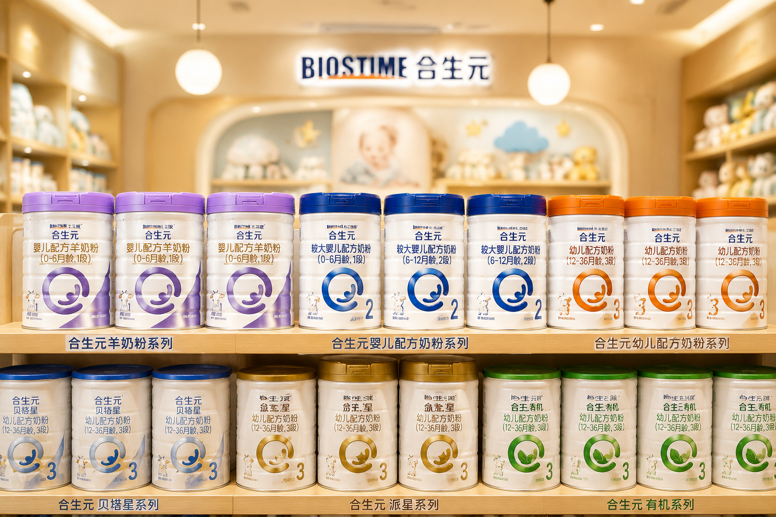 货架上整齐排列着不同段数和系列的合生元奶粉罐,背景是母婴店温馨的陈列区,景深效果,突出品牌丰富的产品线。