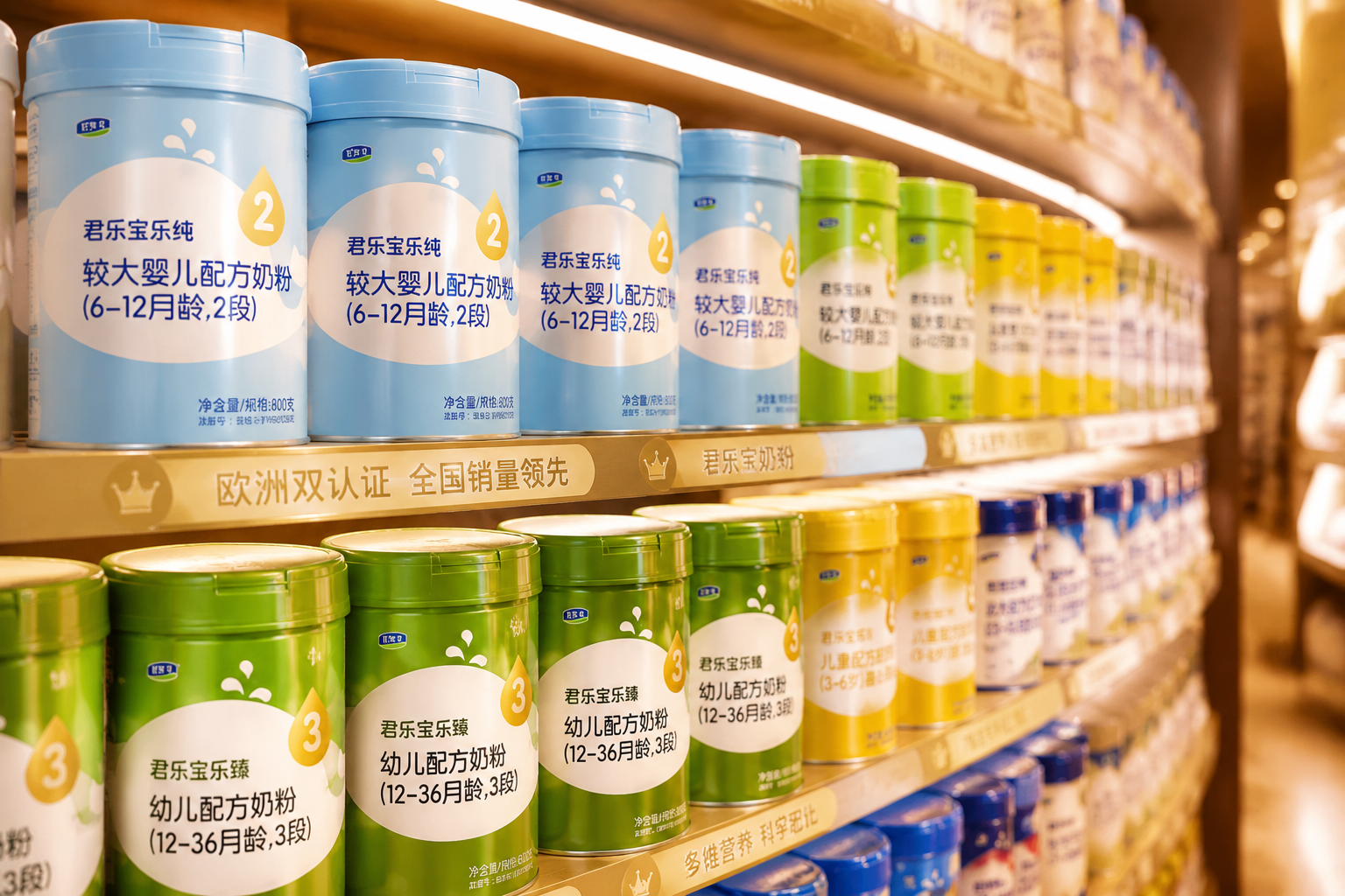 多罐不同包装的君乐宝婴儿奶粉整齐排列在高端超市货架上，景深效果，背景模糊，暖色调灯光，商业摄影，展现丰富的产品线。