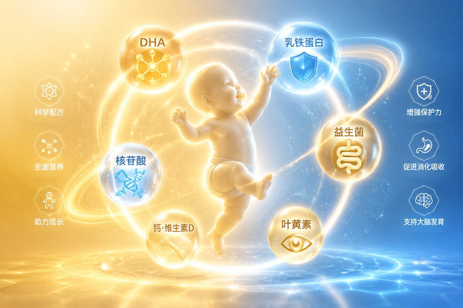 充满科技感与生命力的微观营养元素发光球体（代表DHA、乳铁蛋白、益生菌等），环绕着一个健康活泼的婴儿剪影，背景是柔和的蓝色和金色渐变，3D渲染，体现科学配方和全面营养优势。