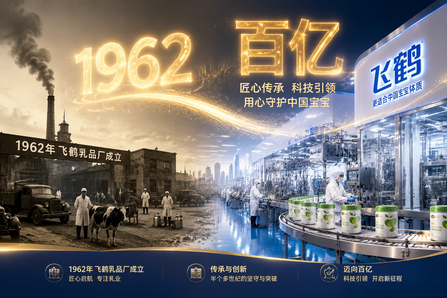 一张展现历史底蕴与现代科技结合的画面，左侧是1960年代的复古乳业工厂剪影，右侧过渡到现代化的飞鹤无菌生产车间，数字“1962”和“百亿”以发光字体悬浮在空中，展现民族品牌的实力与传承，企业宣传片风格，大气磅礴。