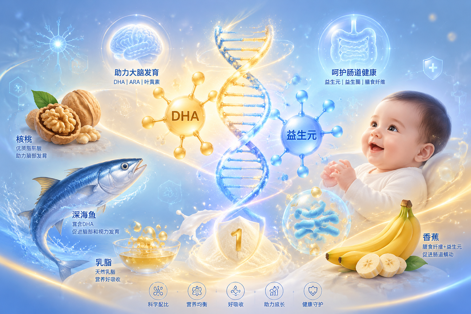充满科技感与温馨结合的母婴营养配方概念图，画面中心是发光的DNA螺旋和代表DHA、益生元的分子结构，周围环绕着核桃、深海鱼、香蕉等天然食材的精美插画，色彩柔和（以蓝色和暖黄色为主），展现宝宝大脑发育和肠道健康的元素。