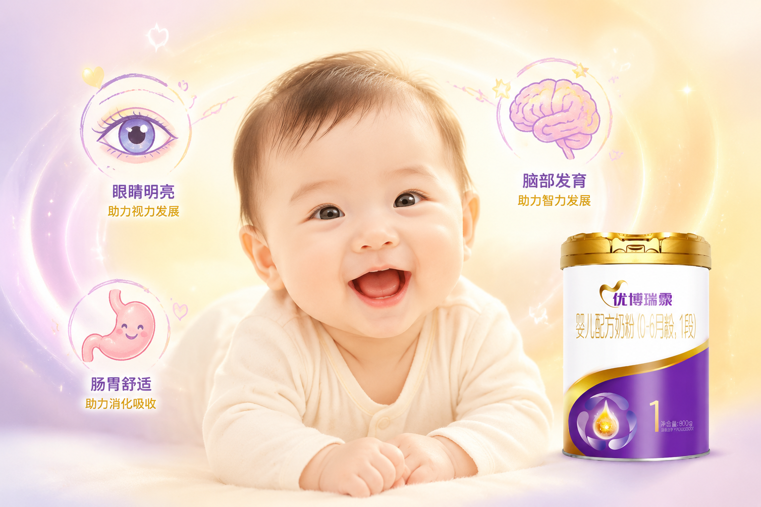 一个健康快乐的婴儿正在开心地笑，眼睛明亮有神，背景是柔和的彩色光晕，旁边有手绘风格的眼睛（代表视力）、大脑（代表智力）和肠胃（代表消化）的小图标，温馨的母婴画风。