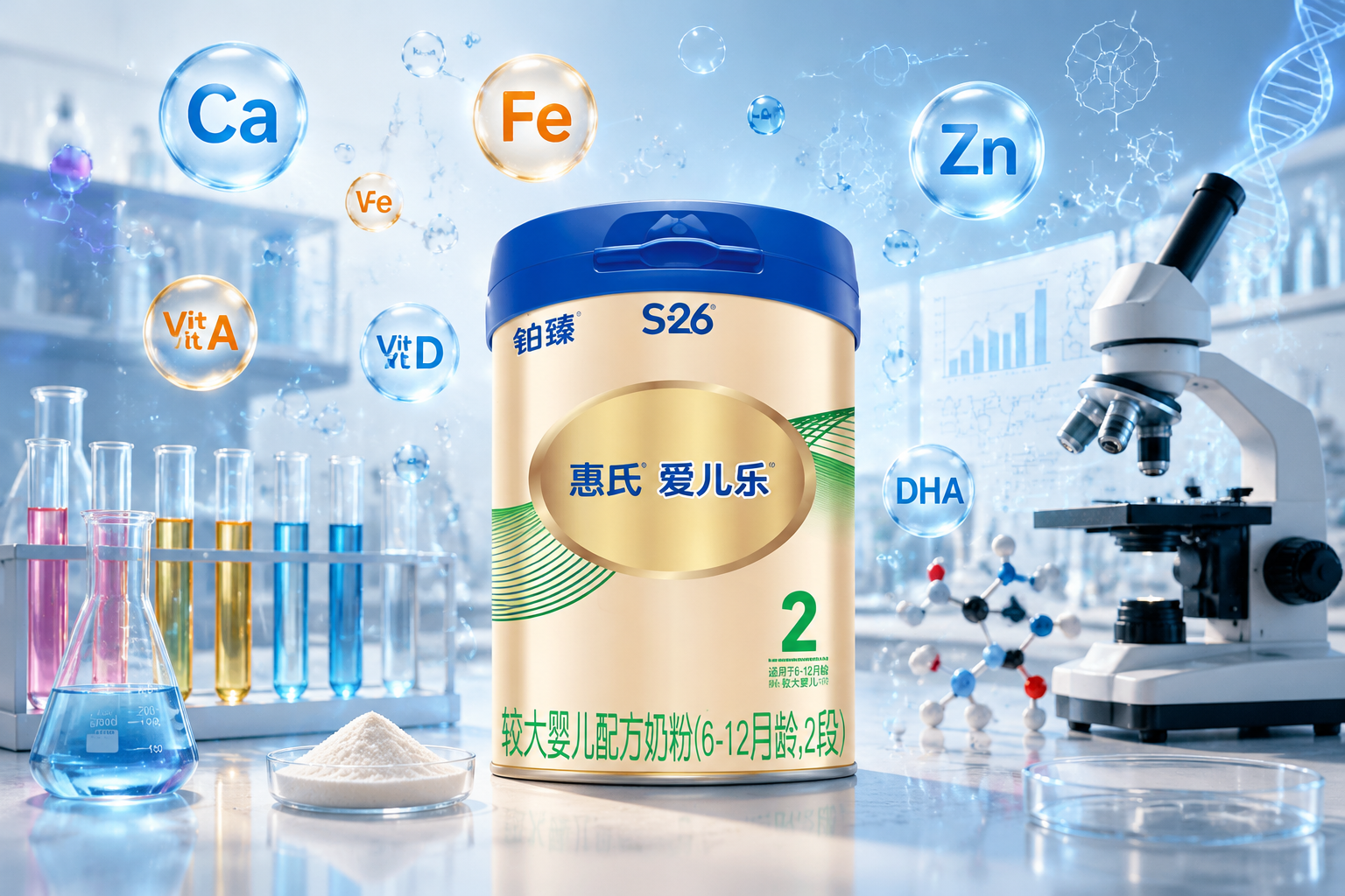 實(shí)驗(yàn)室風(fēng)格，奶粉罐旁排列著整齊的試管和顯微鏡，空中漂浮著維生素、礦物質(zhì)的化學(xué)符號(hào)（如Ca, Fe, Zn, Vit A），色彩豐富且具有嚴(yán)謹(jǐn)?shù)目茖W(xué)探索氛圍。