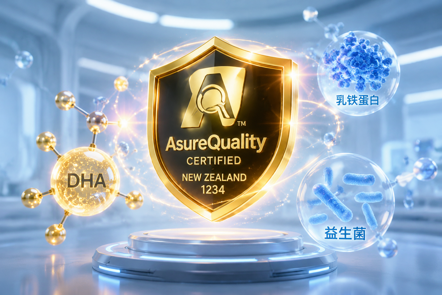一個(gè)閃耀著金色光芒的AsureQuality權(quán)威質(zhì)量認(rèn)證盾牌圖標(biāo)，懸浮在半空中，周圍環(huán)繞著代表DHA、乳鐵蛋白和益生菌的微觀發(fā)光分子結(jié)構(gòu)，背景是科技感十足的淡藍(lán)色潔凈空間，3D渲染，極高細(xì)節(jié)。
