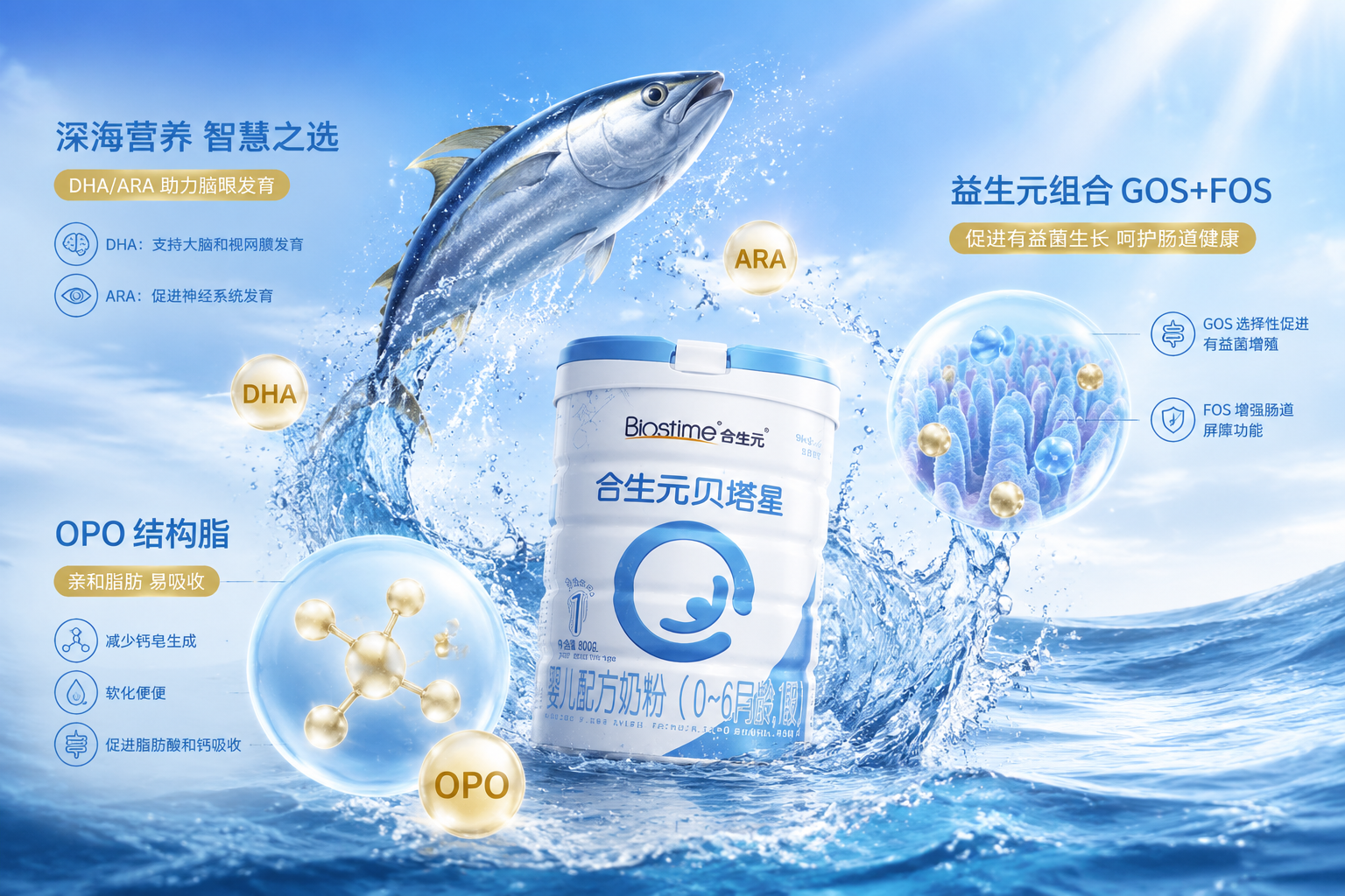 高级营养配方概念图，画面中包含深海鱼跃出水面（代表DHA/ARA），以及微观的益生元纤维和OPO分子结构，整体呈现出科学、高端、易吸收的视觉感受，水花飞溅，光影通透。