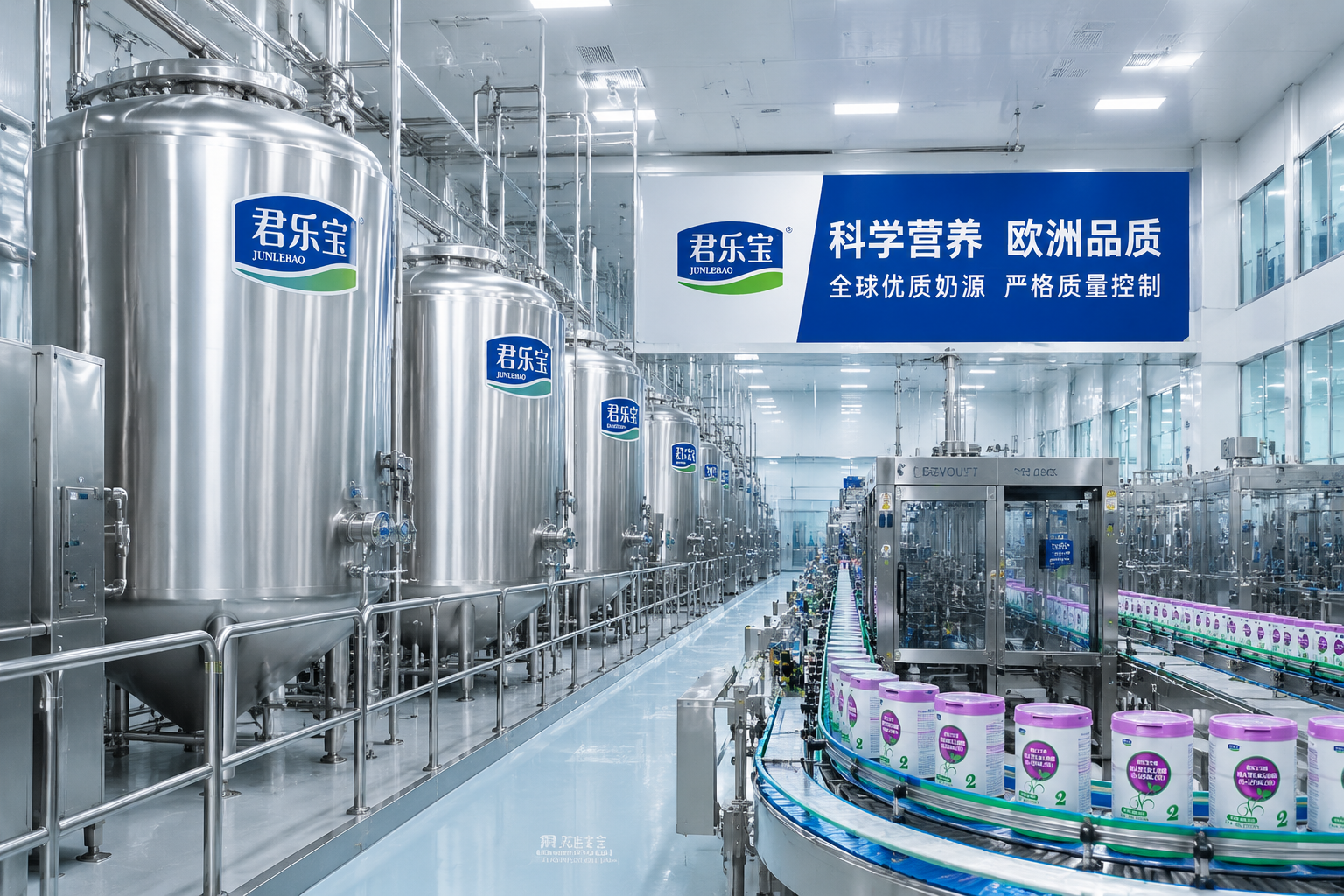 现代化的无菌乳制品生产工厂内部，银色的巨型储奶罐和自动化的生产线，明亮干净的环境，展现大品牌的实力和品质保证。