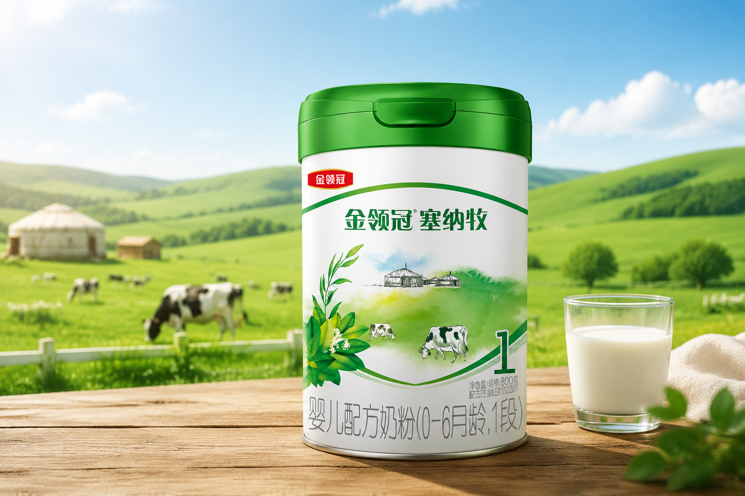 商业摄影，一罐伊利金领冠塞纳牧有机奶粉1段放置在木质桌面上，背景是阳光明媚的绿色有机牧场，柔和的自然光，高清晰度，高级质感，8k分辨率。