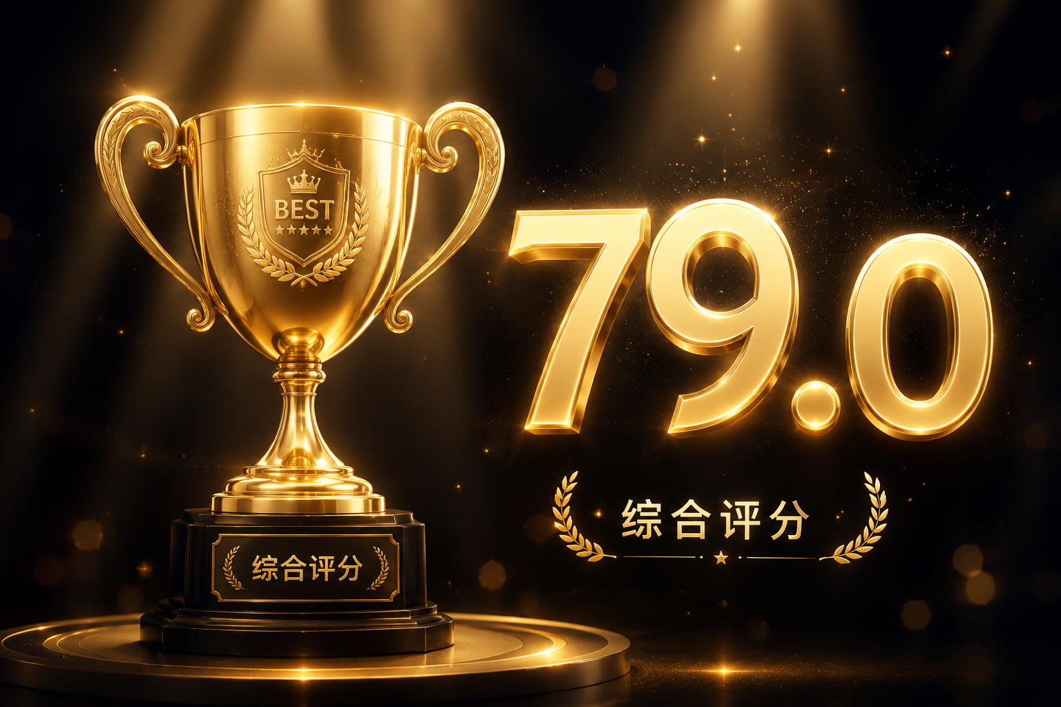 一個(gè)發(fā)光的金色獎(jiǎng)杯和“79.0”的高分?jǐn)?shù)字懸浮在空中，背景是高端質(zhì)感的深色調(diào)，帶有聚光燈效果，展現(xiàn)出專業(yè)測(cè)評(píng)的權(quán)威感和總結(jié)氛圍。