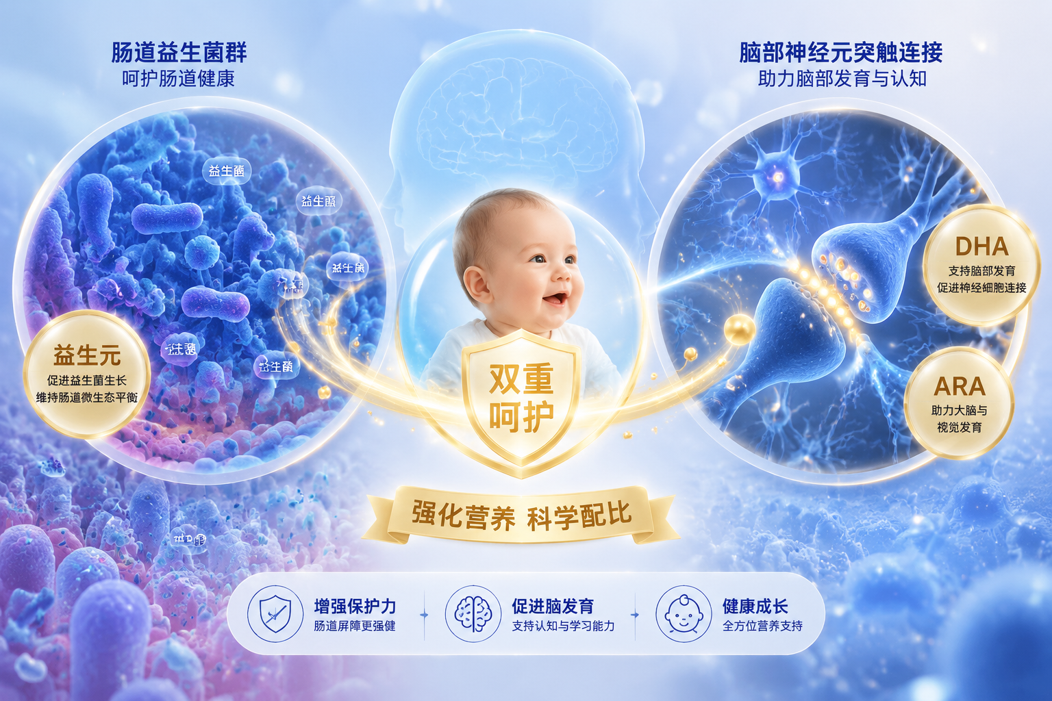 显微镜下的肠道益生菌群和脑部神经元突触连接的抽象插画，强调特色强化营养（如DHA、ARA、益生元）对宝宝大脑和肠道的双重呵护。