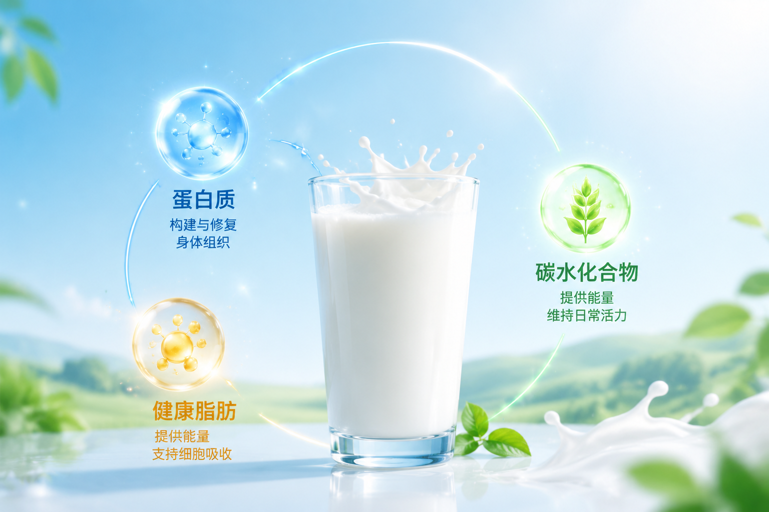營養(yǎng)均衡的視覺概念圖，一杯純凈的牛奶旁邊放著代表蛋白質(zhì)、碳水化合物和健康脂肪的抽象發(fā)光符號(hào)，背景干凈清爽。