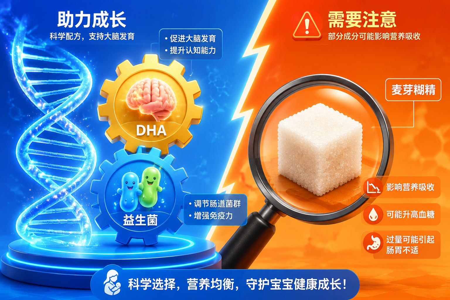 3D插画风格，左侧是一个发光的DNA螺旋和代表大脑发育的齿轮（象征DHA和益生菌），右侧是一个被放大镜观察的方糖块（象征麦芽糊精），背景分为明亮的蓝色和警示的橙色，对比鲜明，科技感，母婴科普风格。