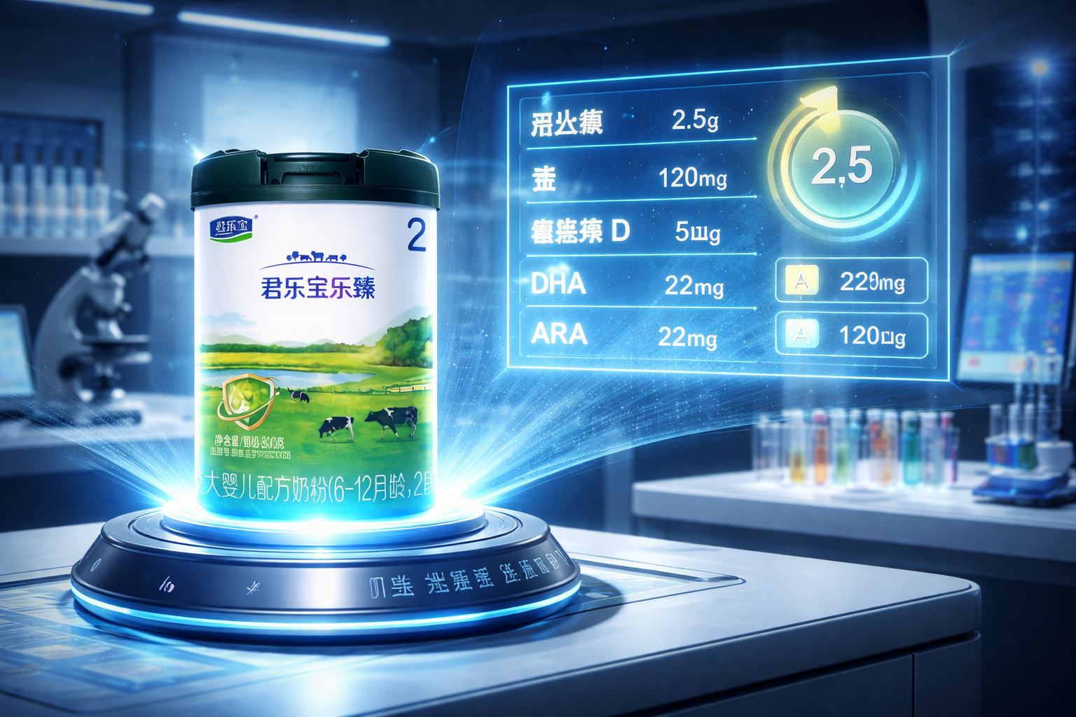 現(xiàn)代實(shí)驗(yàn)室數(shù)據(jù)分析場(chǎng)景，一罐君樂(lè)寶樂(lè)臻奶粉放置在發(fā)光的檢測(cè)儀器上，半空中投射出全息的營(yíng)養(yǎng)成分?jǐn)?shù)據(jù)表格（包含蛋白質(zhì)、鈣、維生素等數(shù)值），充滿(mǎn)嚴(yán)謹(jǐn)?shù)脑u(píng)測(cè)博主風(fēng)格，極具專(zhuān)業(yè)感，冷暖色光對(duì)比。