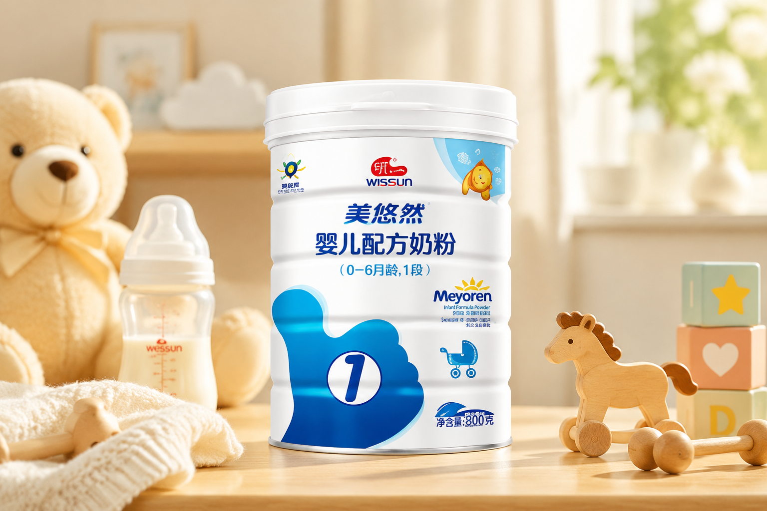 摄影级产品图，一罐明一美悠然奶粉1段放置在温馨的母婴环境中，背景有柔和的自然光，旁边有可爱的婴儿玩具和奶瓶，画面清晰，色彩温暖，展现高品质的国货奶粉形象。