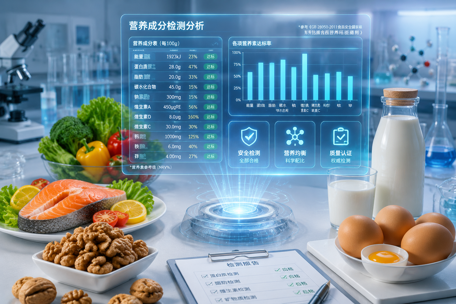 營(yíng)養(yǎng)成分?jǐn)?shù)據(jù)檢測(cè)概念圖。一張整潔的實(shí)驗(yàn)室桌面上，放置著各種代表營(yíng)養(yǎng)的天然食物（深海魚、核桃、新鮮蔬菜、牛奶、雞蛋），中間是一個(gè)懸浮的全息投影圖表（條形圖和數(shù)據(jù)面板），展示著各項(xiàng)維生素和礦物質(zhì)的達(dá)標(biāo)數(shù)據(jù)。畫面充滿嚴(yán)謹(jǐn)?shù)臄?shù)據(jù)測(cè)評(píng)感，明亮且專業(yè)。