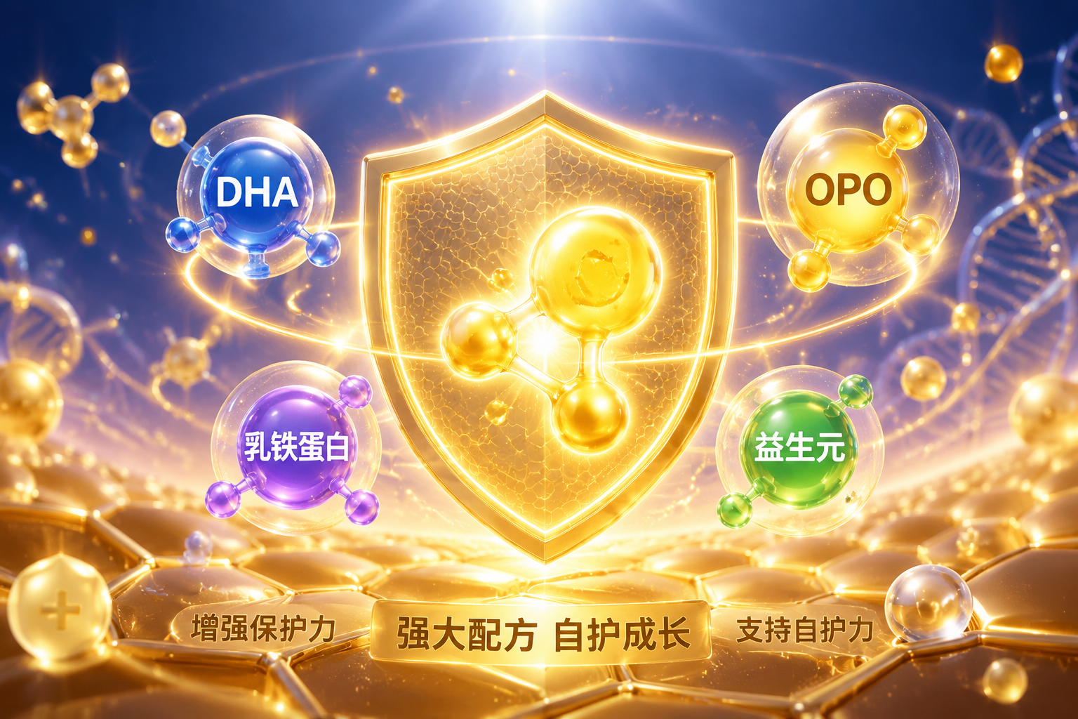 充满科技感的3D微观画面，展示多种营养分子（如DHA、OPO、乳铁蛋白、益生元）像发光的宝石一样悬浮在空中，周围有金色的护盾特效，象征着奶粉强大的配方与宝宝免疫力保护。