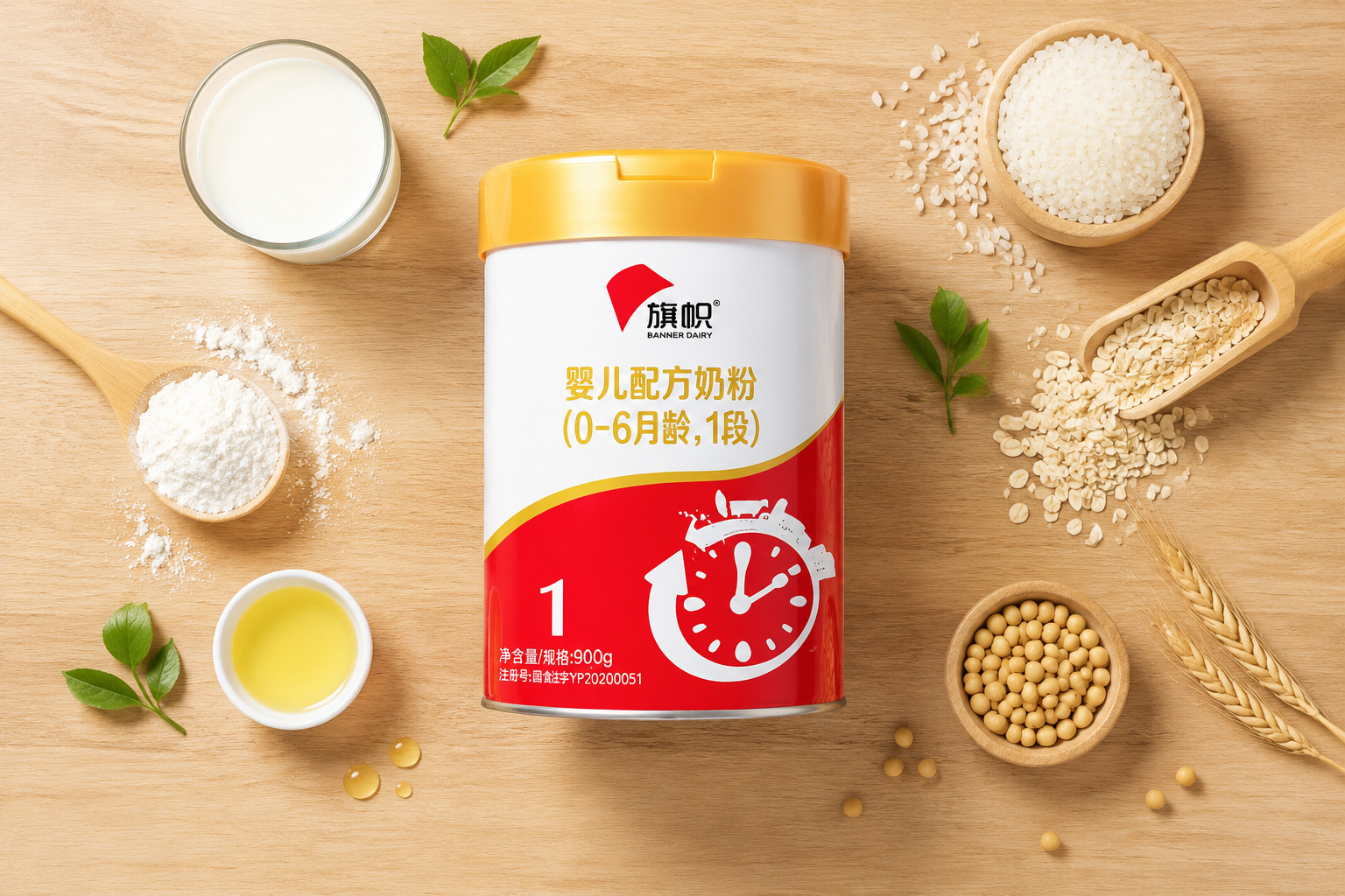 俯视角度拍摄，木质桌面上散落着一些代表天然配料的元素（如一小杯纯净的鲜奶、几滴清澈的植物油、一小片绿叶），正中间是红色的旗帜奶粉罐，光线纯净明亮，展现配料的天然与纯粹。