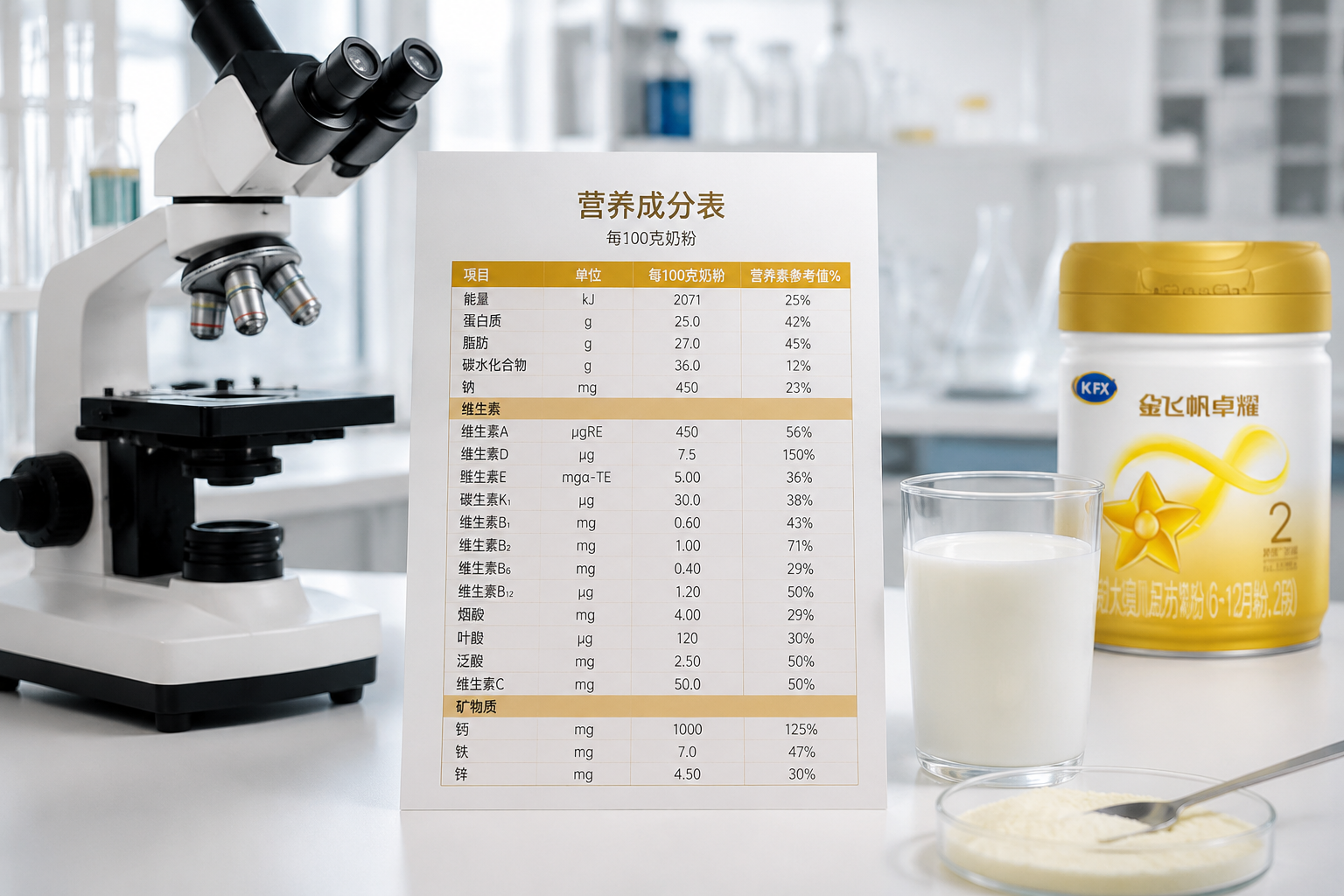一张详细的营养成分数据报表放置在显微镜旁，旁边有一杯冲泡好的纯白牛奶，光线明亮，画面充满严谨的科学实验室风格，高清晰度，静物摄影 --ar 16:9