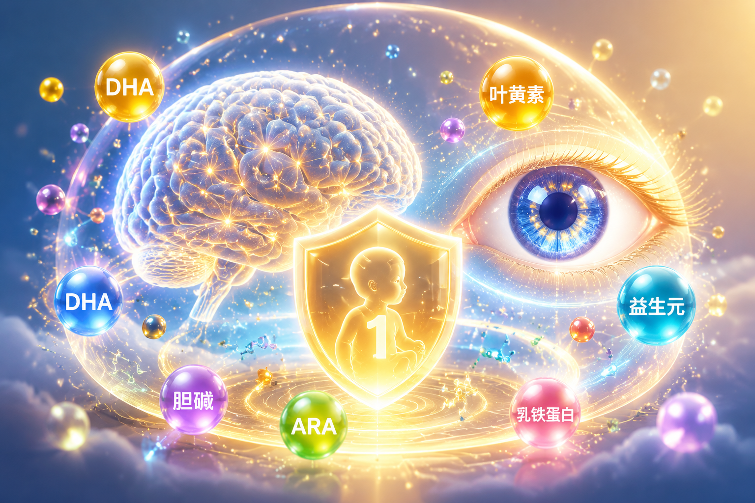 一个发光的大脑模型和一只明亮的眼睛图标，周围环绕着五彩斑斓的发光粒子，代表DHA、叶黄素和益生元等营养元素，画面充满未来感和温暖的医疗保护氛围，高品质插画。