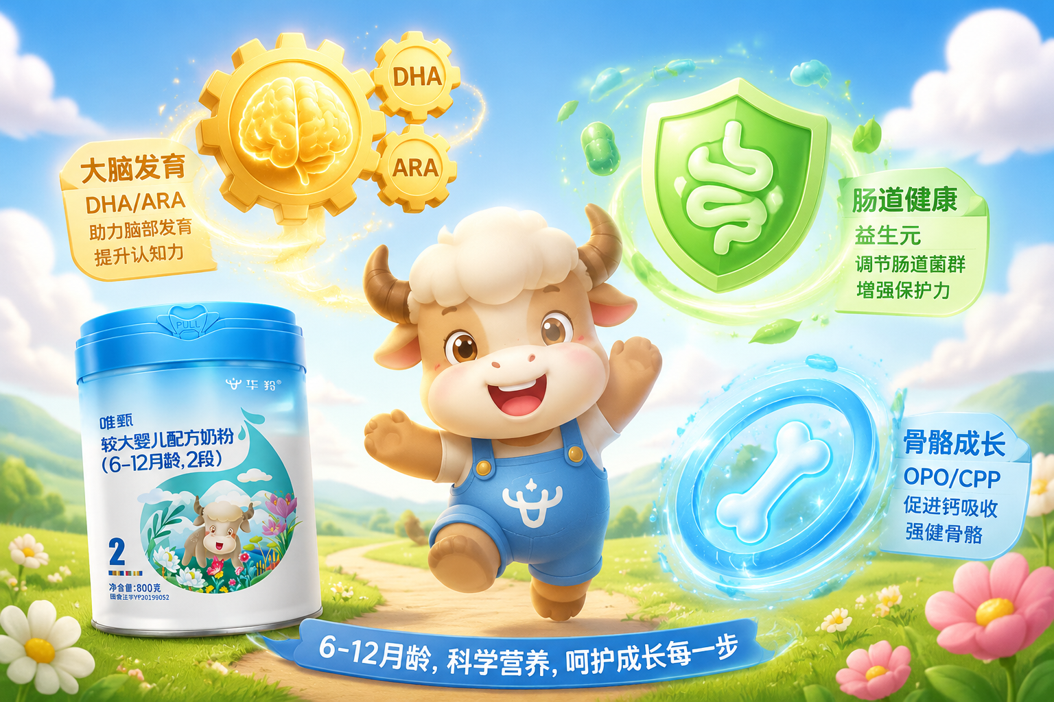 嬰兒健康成長的主題插畫，畫面包含代表大腦發(fā)育的金色齒輪（DHA/ARA）、代表腸道健康的綠色盾牌（益生元）、以及代表骨骼生長的藍色光環(huán)（OPO/CPP），整體風(fēng)格溫馨、專業(yè)、富有活力，3D卡通渲染風(fēng)格。