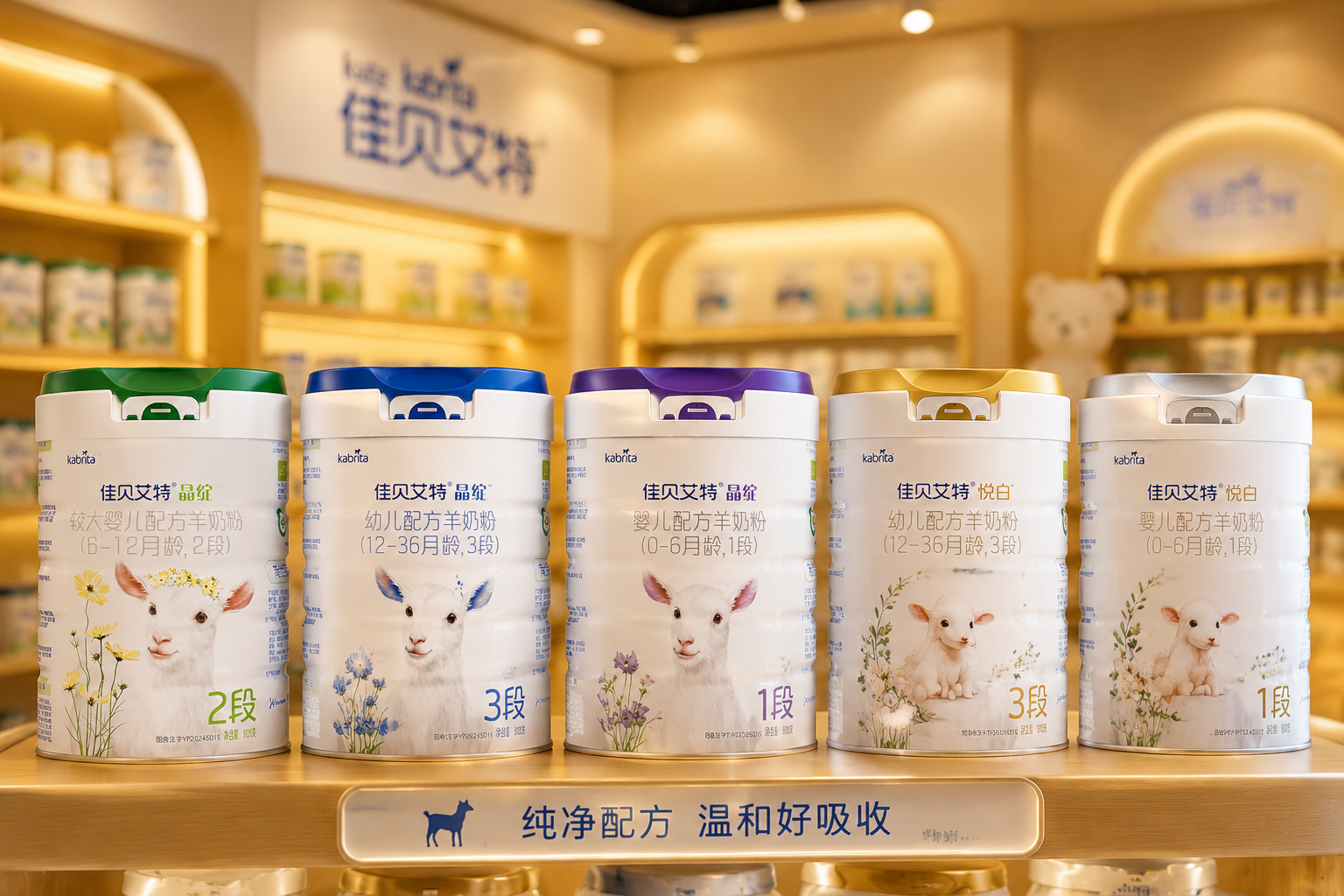 佳贝艾特品牌不同段数和系列的奶粉罐整齐排列在货架上，包含1段、2段、3段以及悦白系列，背景是高端母婴店的温馨环境，柔和的暖色调灯光，景深效果突出前排产品。