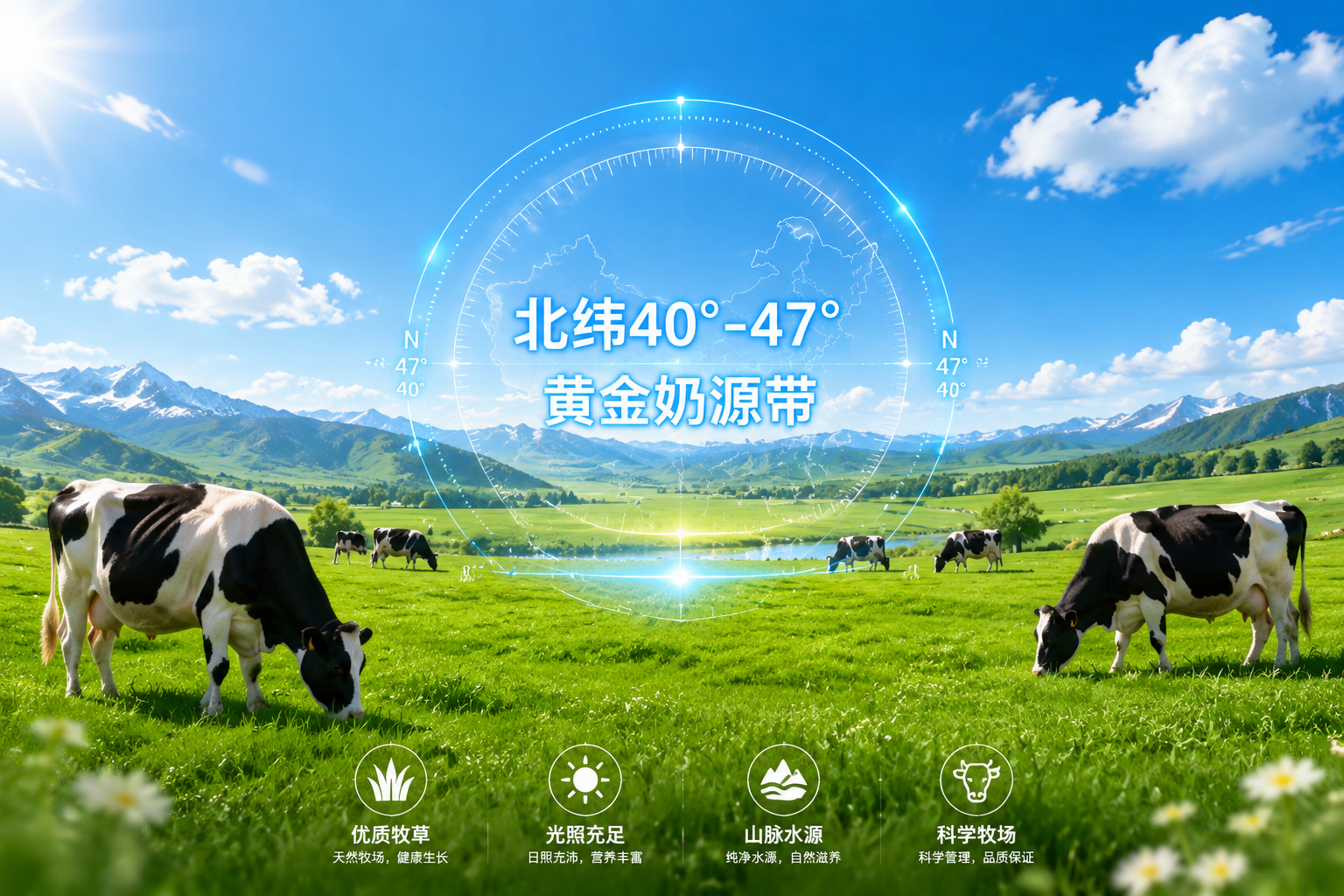 广阔的绿色草原上，几头健康的奶牛在悠闲地吃草，蓝天白云，阳光明媚，画面中央带有北纬40°-47°黄金奶源带的科技感发光坐标特效，展现生牛乳的新鲜与自然。