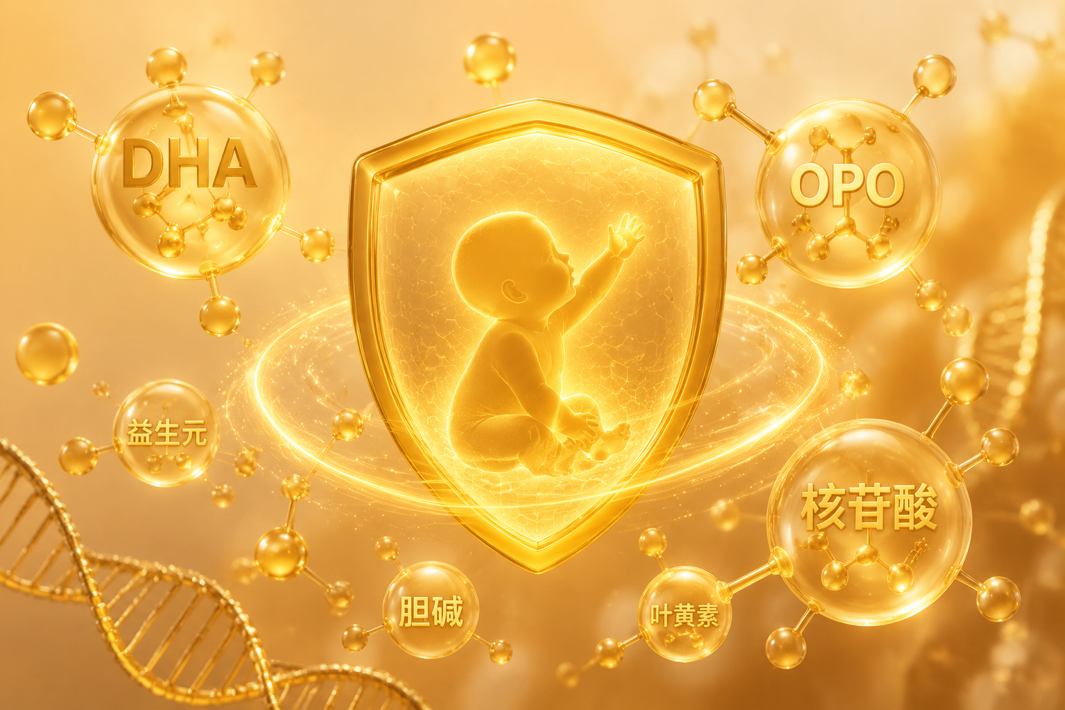 微距3D渲染图，展现代表DHA、OPO、核苷酸等营养成分的发光分子结构，围绕着一个代表婴儿健康的金色盾牌，充满科技感与母婴呵护感，暖色调。