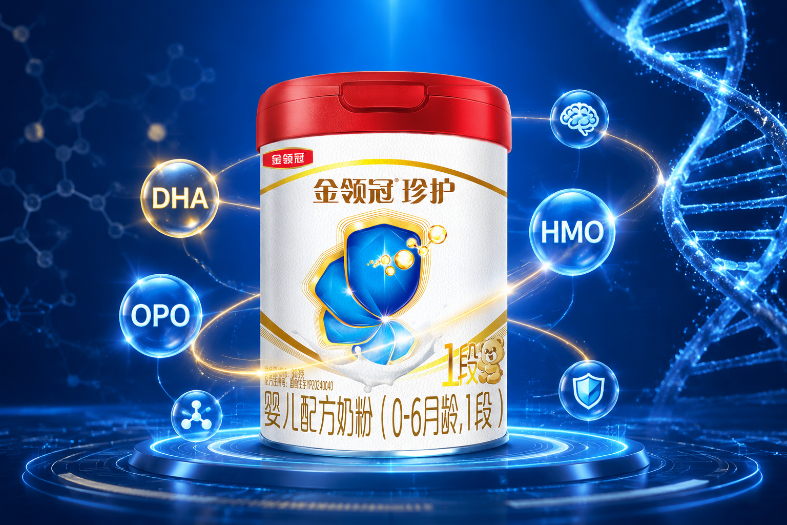 充满科技感的分子结构图，发光的DNA螺旋和营养元素图标（如DHA, OPO, HMO）环绕在奶粉罐周围，深蓝色科技背景，展现高端配方奶粉的科技感。