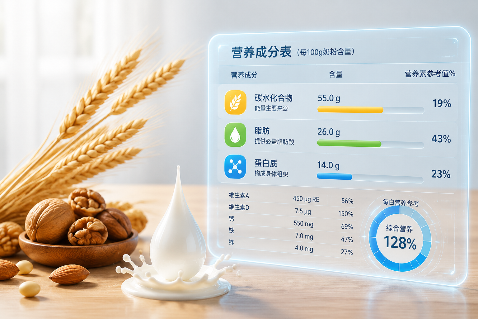 營養(yǎng)成分表概念圖。干凈整潔的背景下，木質(zhì)桌面上擺放著麥穗（代表碳水化合物）、堅(jiān)果（代表脂肪）、新鮮母乳或牛奶滴（代表蛋白質(zhì)）。旁邊有一張半透明的高科技數(shù)據(jù)分析面板，展示著清晰的數(shù)據(jù)條，風(fēng)格嚴(yán)謹(jǐn)專業(yè)。
