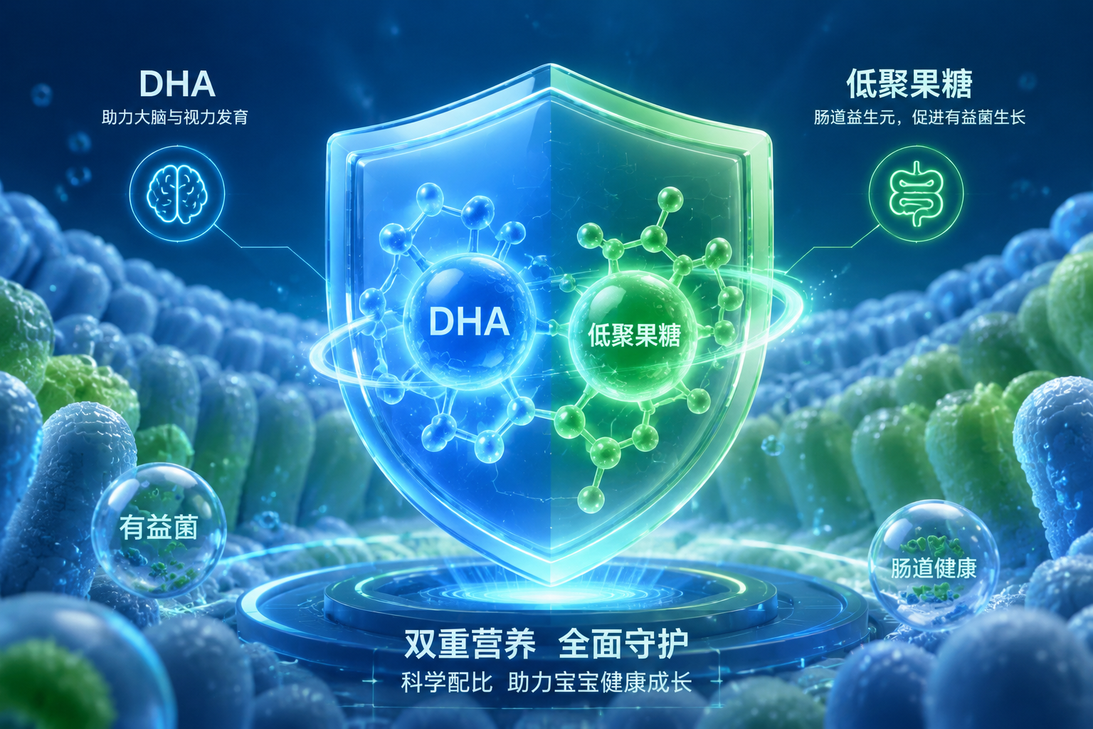 科學(xué)微觀風(fēng)格的3D插畫，畫面中心是發(fā)光的DHA分子結(jié)構(gòu)和腸道益生元（低聚果糖）的保護盾概念圖，色彩以充滿智慧的藍色和代表腸道活力的綠色為主，極具科技感與生命力。