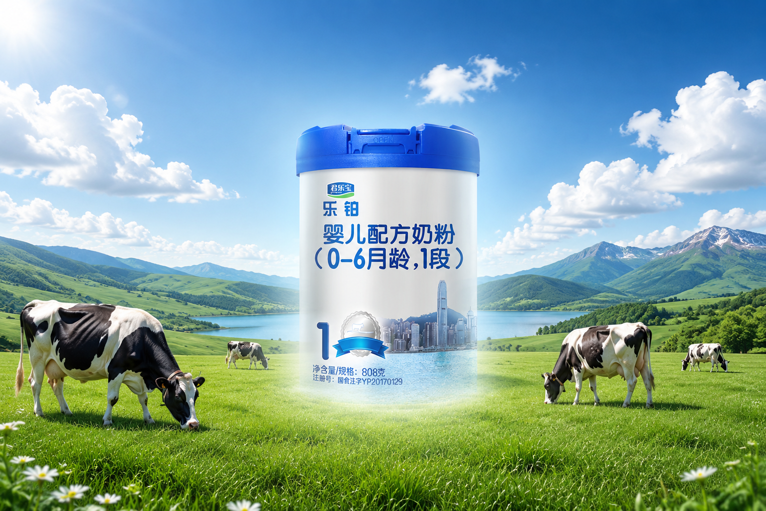 广阔的绿色草原，蓝天白云，几头健康的黑白花奶牛在吃草，画面中央虚化融入君乐宝乐铂奶粉罐，体现天然黄金奶源带的概念，清新自然，高画质。