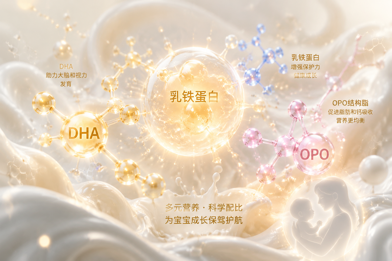 3D微观视角，展现多种营养分子（如DHA、OPO、乳铁蛋白）在纯净的牛奶中交织融合，充满科技感与生命力，发光的分子结构，色彩柔和，母婴健康主题。
