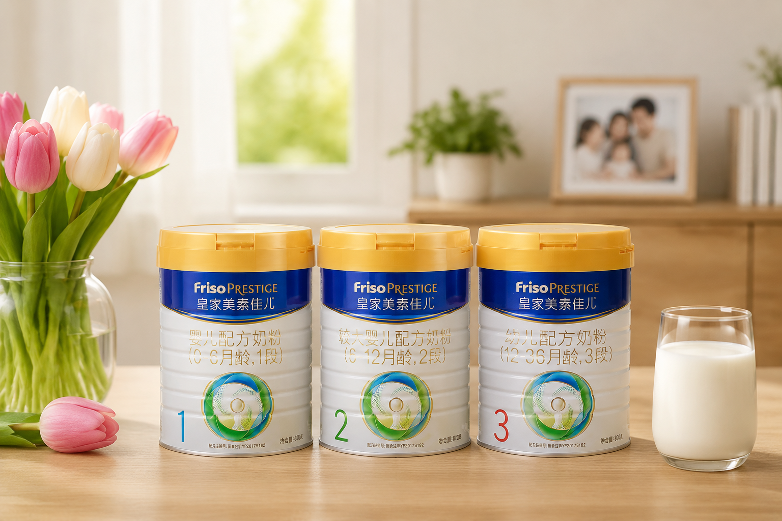 几罐不同段数（1段、2段、3段）的皇家美素佳儿奶粉整齐排列在木质桌面上，旁边放着几束荷兰郁金香和一杯新鲜的牛奶，背景是虚化的温馨家庭环境，展现出品牌系列产品的丰富与专业。