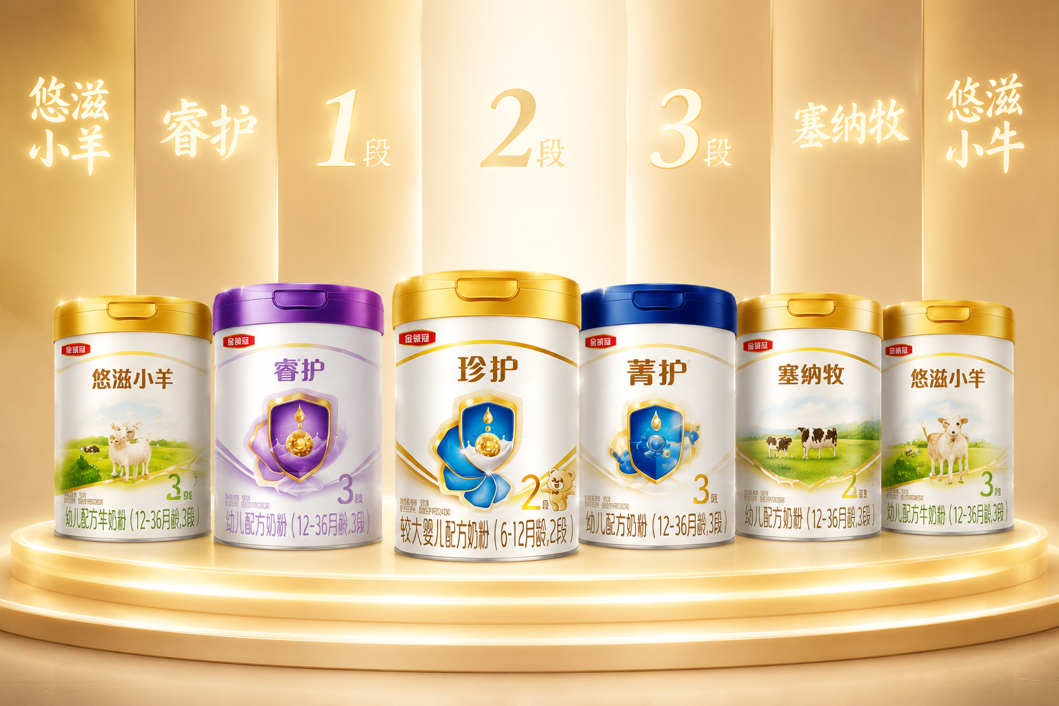 几罐不同系列和段数的伊利奶粉整齐排列在发光的展示台上，背景有“1段”、“2段”、“3段”以及不同系列的艺术字体投影，展现丰富的产品矩阵，高端商业产品摄影风格。