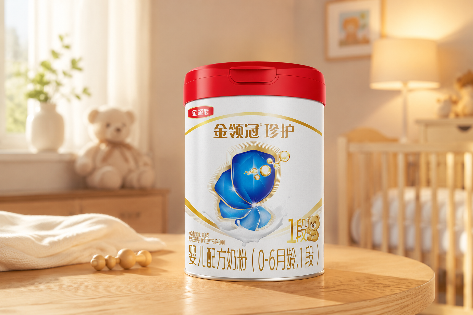 一罐伊利金领冠珍护有机A2配方奶粉放置在充满自然光的高级木质桌面上，背景是柔和的初生婴儿房，带有温馨的暖色调灯光，专业摄影，高分辨率，产品细节清晰。